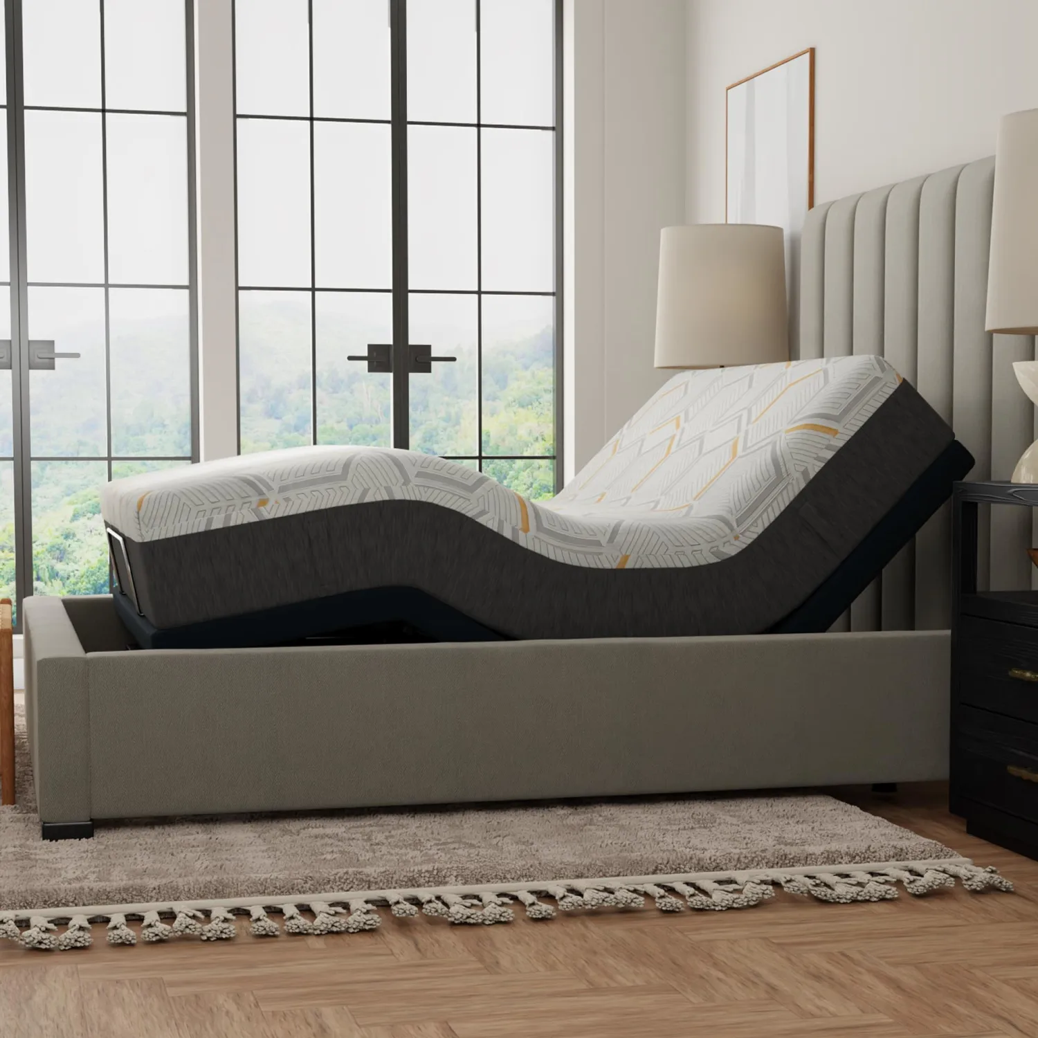 Blissful Nights e3 Adjustable Bed Frame and 12 Inch Copper Infused Cool Memory Foam Mattress Medium Firm Feel CertiPUR-US Certified (Full), White