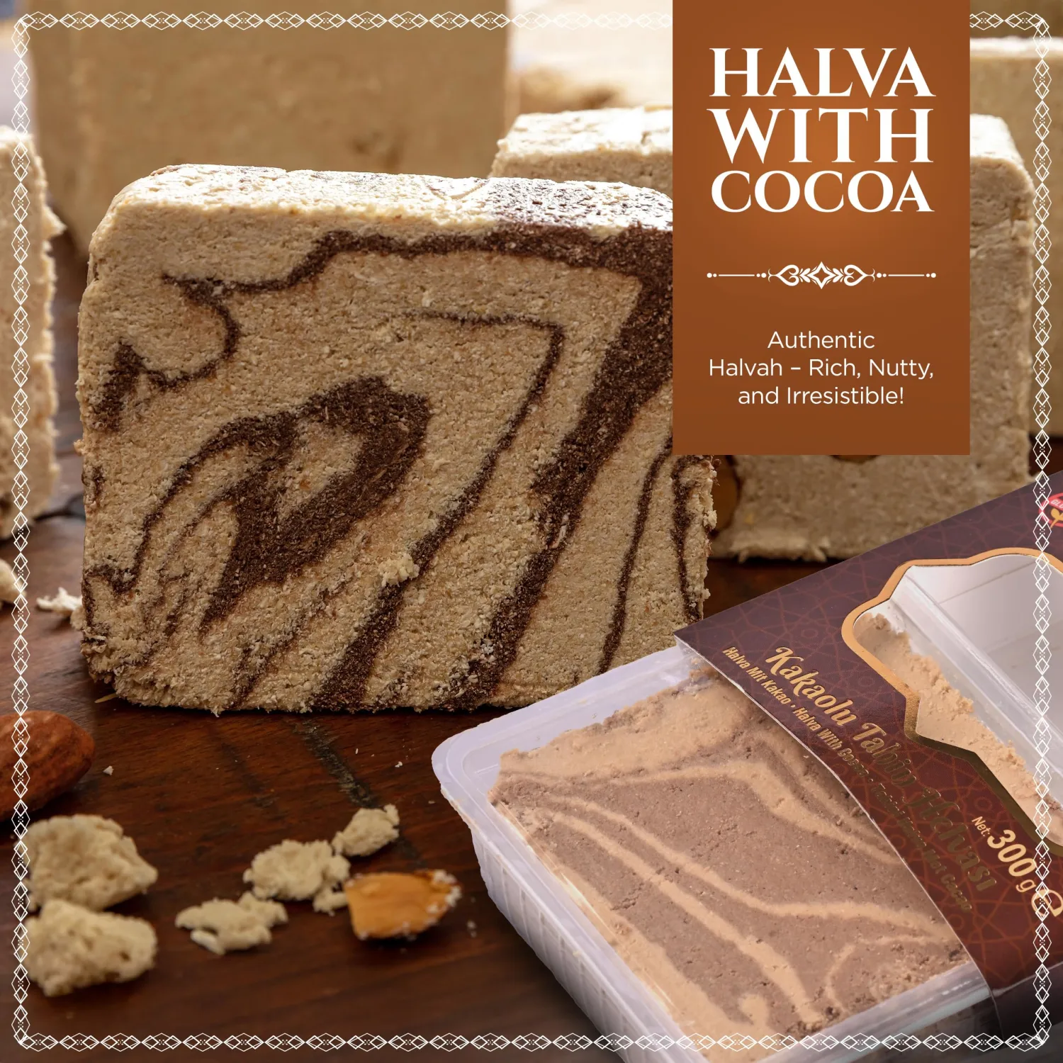 Abdurrahman Tatlıcı Halvah with Cocoa, 10.6oz, Turkish Halva, Tahini Halva, Cacoa Halva Candy, Traditional Sesame Halvah Dessert, Vegan, Gluten Free Halva, Non-GMO, Halwa, Halawa