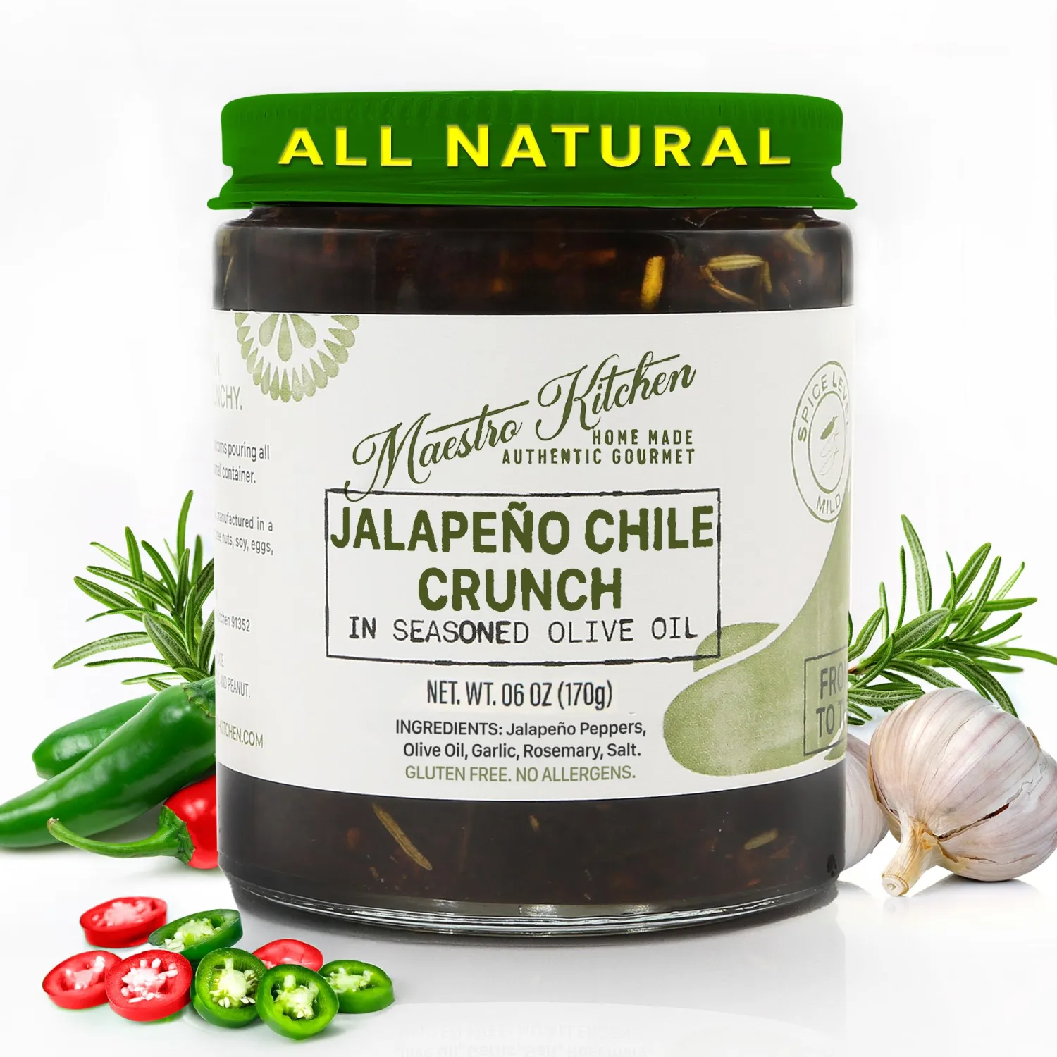 Jalapeno Pepper Chile Crunch 6oz - Mild Mexican Chili Crisp in 100% All Natural Seasoned Olive Oil, Garlic & Rosemary - Spicy Crunchy Hot Sauce – Keto Friendly Vegan Gluten Free NON GMO