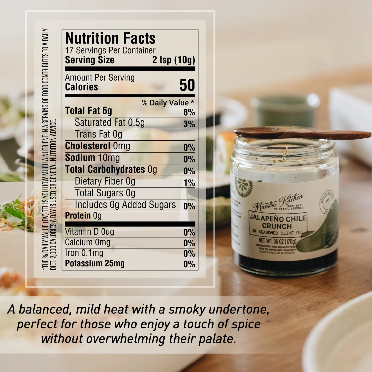 Jalapeno Pepper Chile Crunch 6oz - Mild Mexican Chili Crisp in 100% All Natural Seasoned Olive Oil, Garlic & Rosemary - Spicy Crunchy Hot Sauce – Keto Friendly Vegan Gluten Free NON GMO
