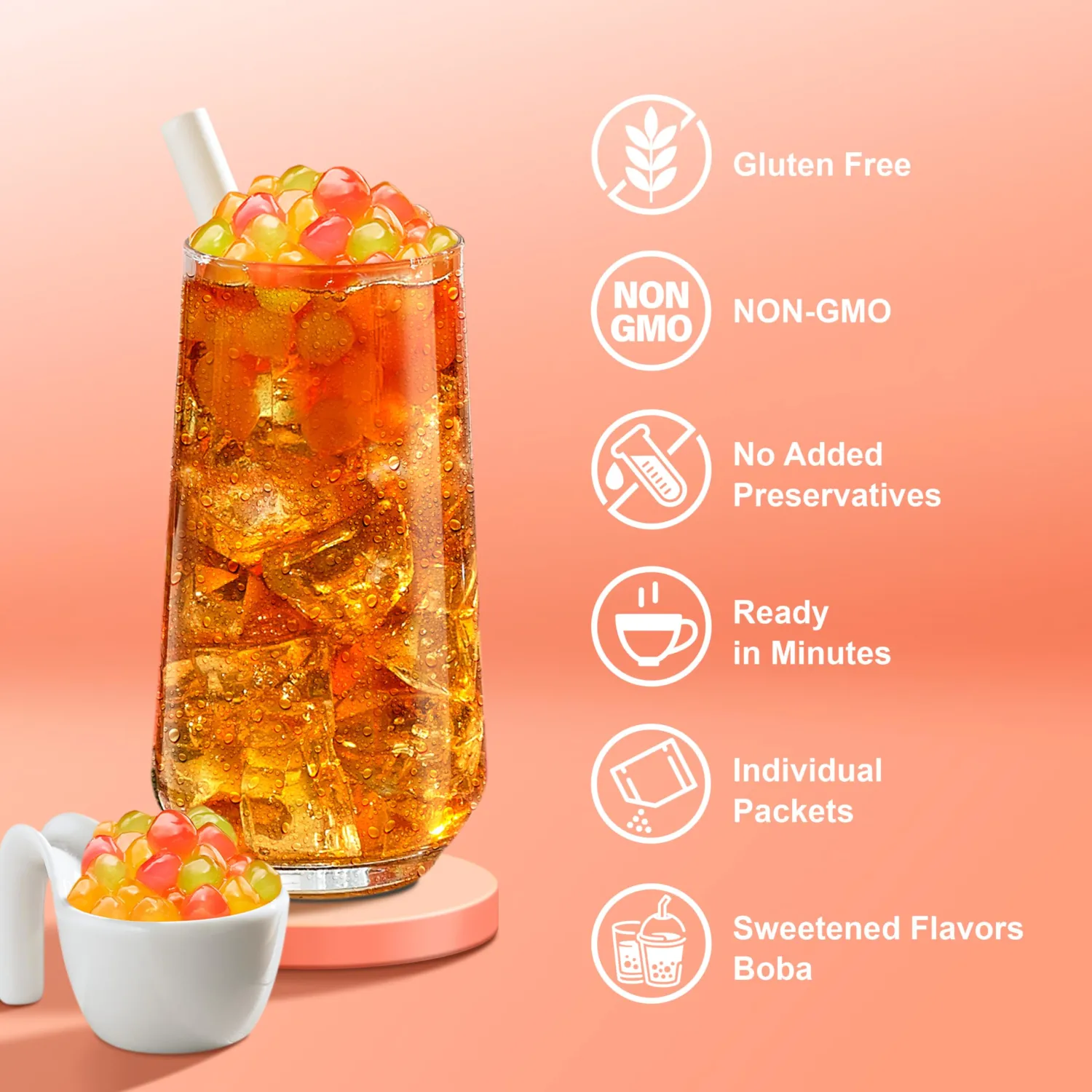 J WAY Instant Mango Peach Black Tea Kit with Authentic Fruity Colorful Tapioca Boba, Ready in Under One Minute, Paper Straws Included - 3 Servings