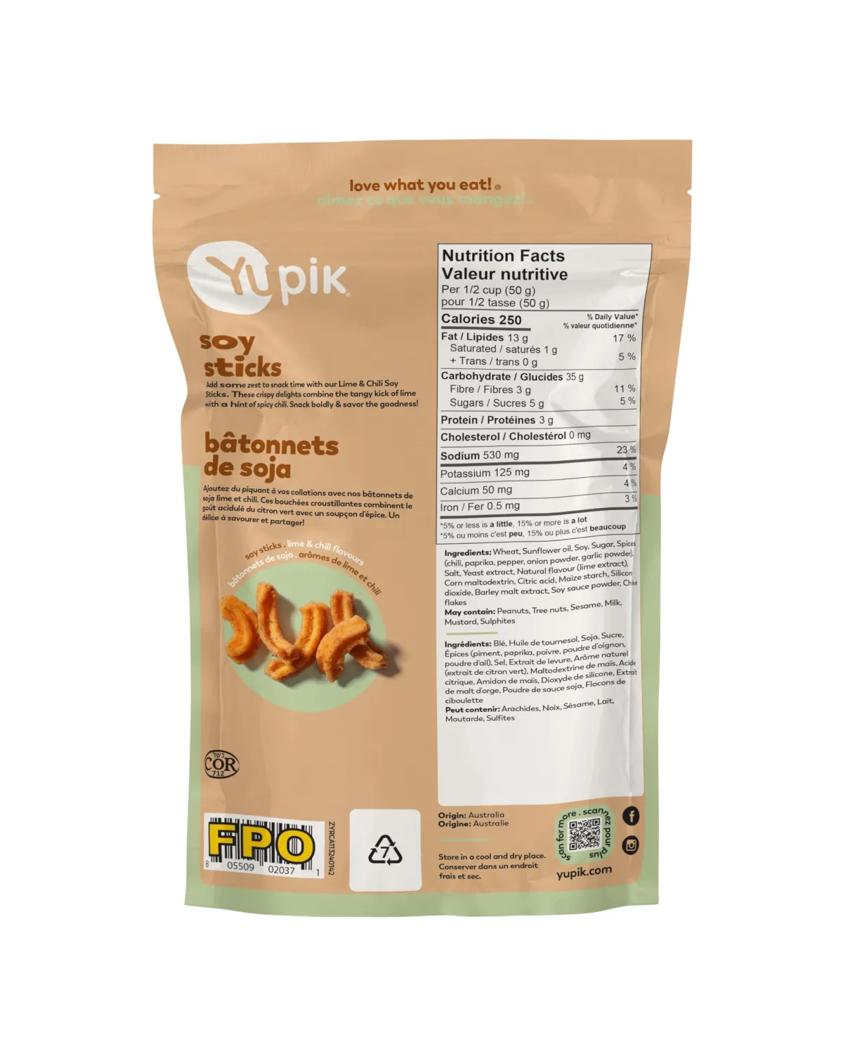 Yupik Lime & Chili Soy Sticks, 5 Oz, GMO-Free Snack, Crunchy Zesty Snack, Crispy Soya Crackers, Natural Flavors, Perfect for Any Occasion