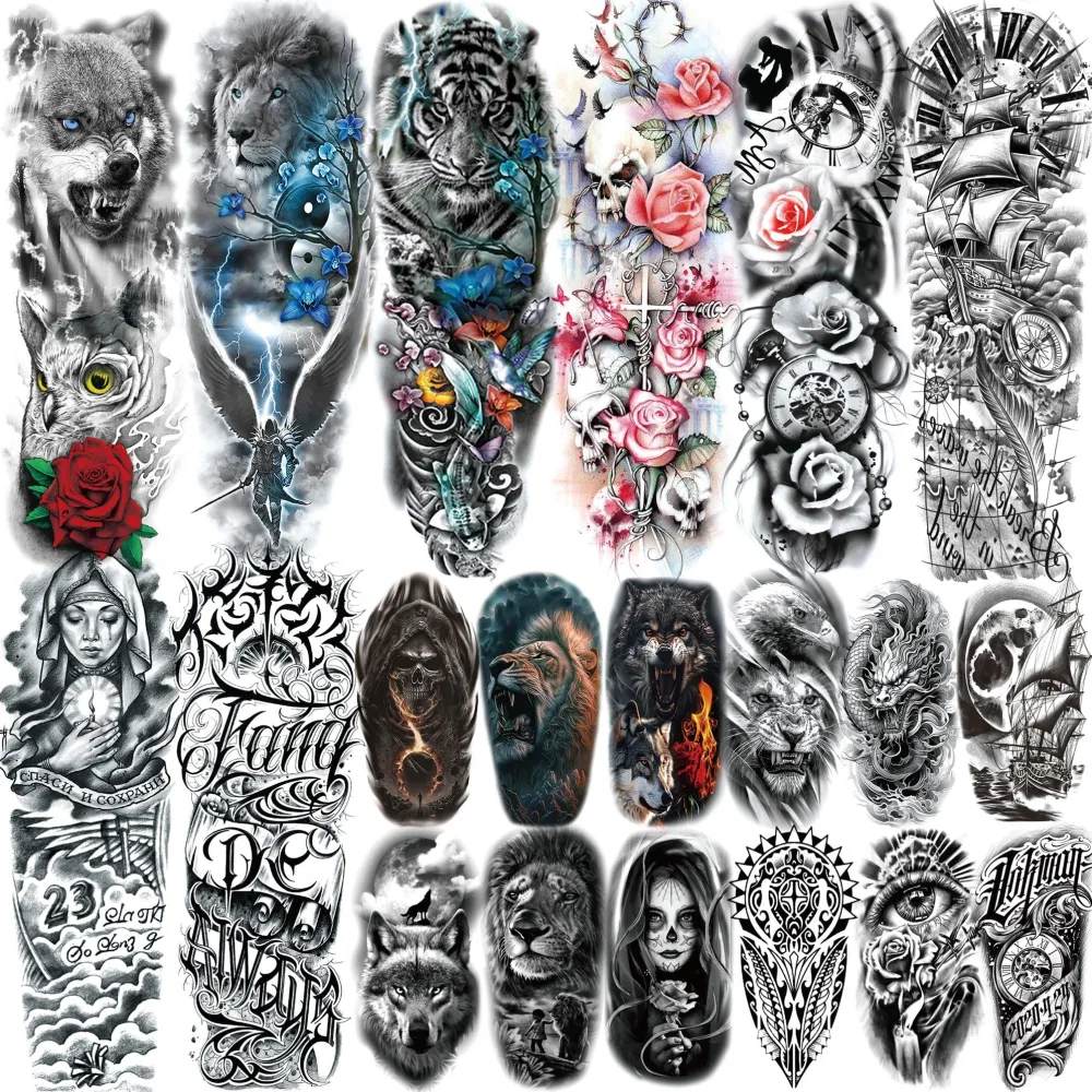 20 Sheets Colored Rose Flower Full Arm Temporary Tattoos For Men Women Thigh, Large Lion Wolf Tiger Long Lasting Sleeve Tattoos For Adults, Bulk Temp Halloween Fake Tattoo Stickers Nun Pray Skull Ship