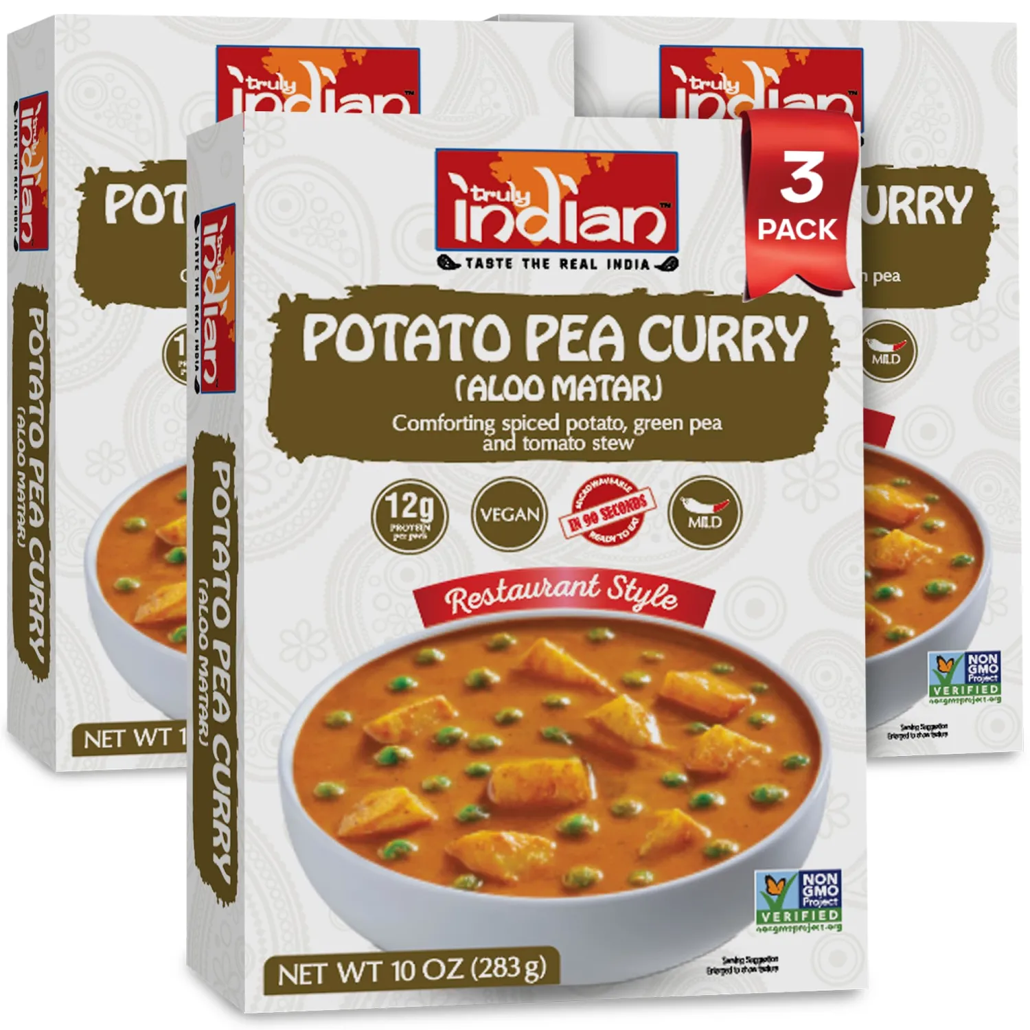 Truly Indian Potato Pea Curry (Aloo Matar) 10 Ounce 3-Pack | Authentic Traditional Indian food | Made Fresh in India With Locally Grown Ingredients | Ready to Eat, Vegan, Microwaveable Meal