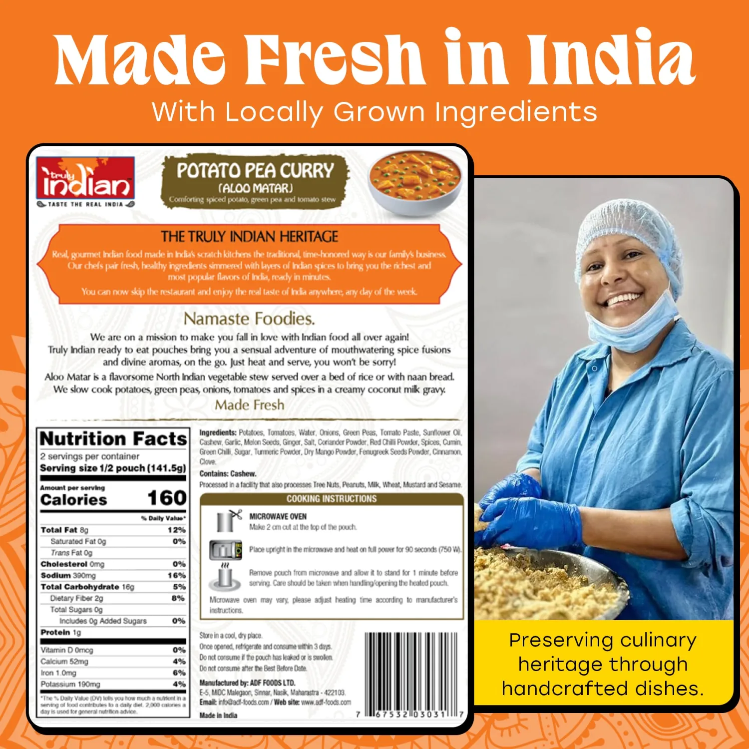 Truly Indian Potato Pea Curry (Aloo Matar) 10 Ounce 3-Pack | Authentic Traditional Indian food | Made Fresh in India With Locally Grown Ingredients | Ready to Eat, Vegan, Microwaveable Meal