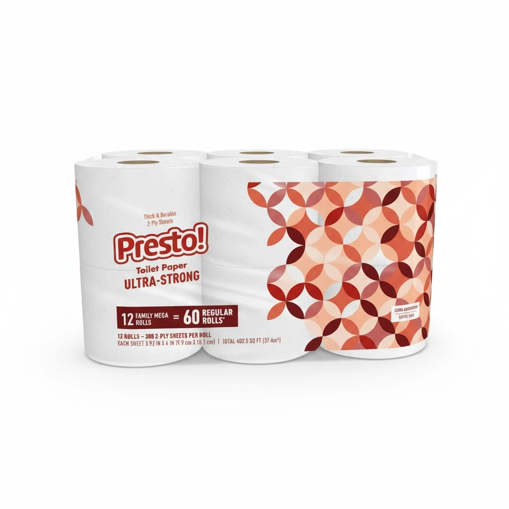 Amazon Brand - Presto! 2-Ply Ultra-Strong Toilet Paper, 12 Mega Rolls Toilet Paper = 60 regular rolls, 308 Sheet (Pack of 12), Unscented