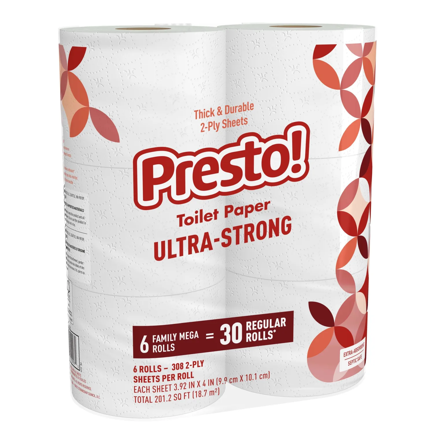 Amazon Brand - Presto! 2-Ply Ultra-Strong Toilet Paper, 6 Mega Rolls Toilet Paper = 30 regular rolls, 308 Sheet (Pack of 6), Unscented