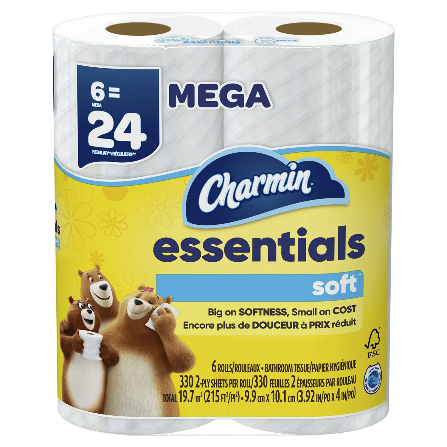 Charmin Essentials Soft Toilet Paper 6 Mega Rolls, 330 sheets per roll