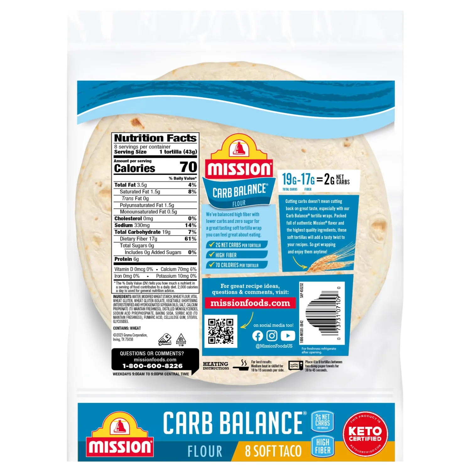 Mission Carb Balance Soft Taco Flour Tortillas, 8 Count, Low Carb, Keto, High Fiber, No Sugar