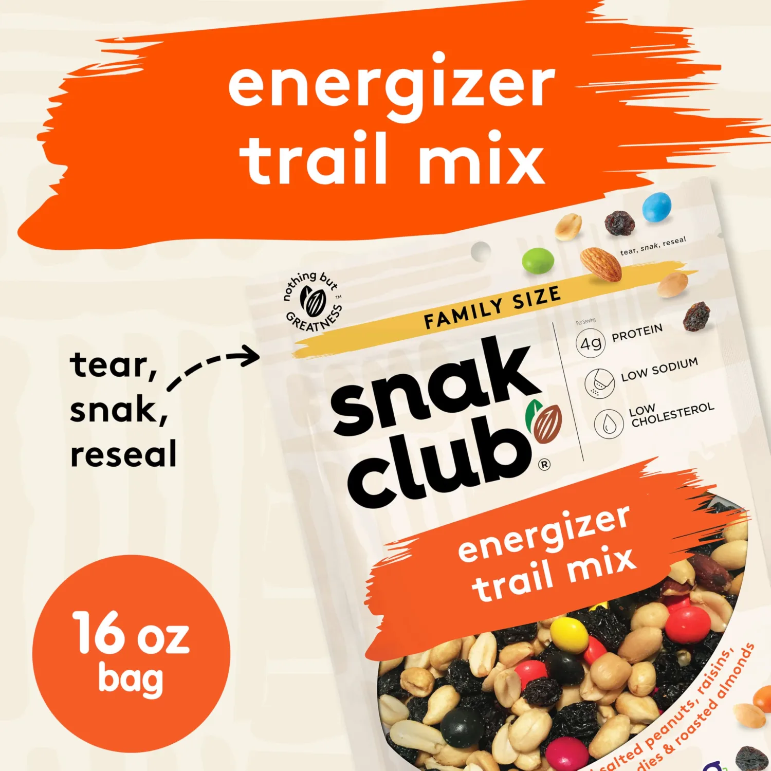 Snak Club Energizer Trail Mix with Roasted Salted Peanuts, Raisins, Chocolatey Candies, Roasted Almonds, Gluten-Free and Kosher Snack, 16 oz Resealable Bag