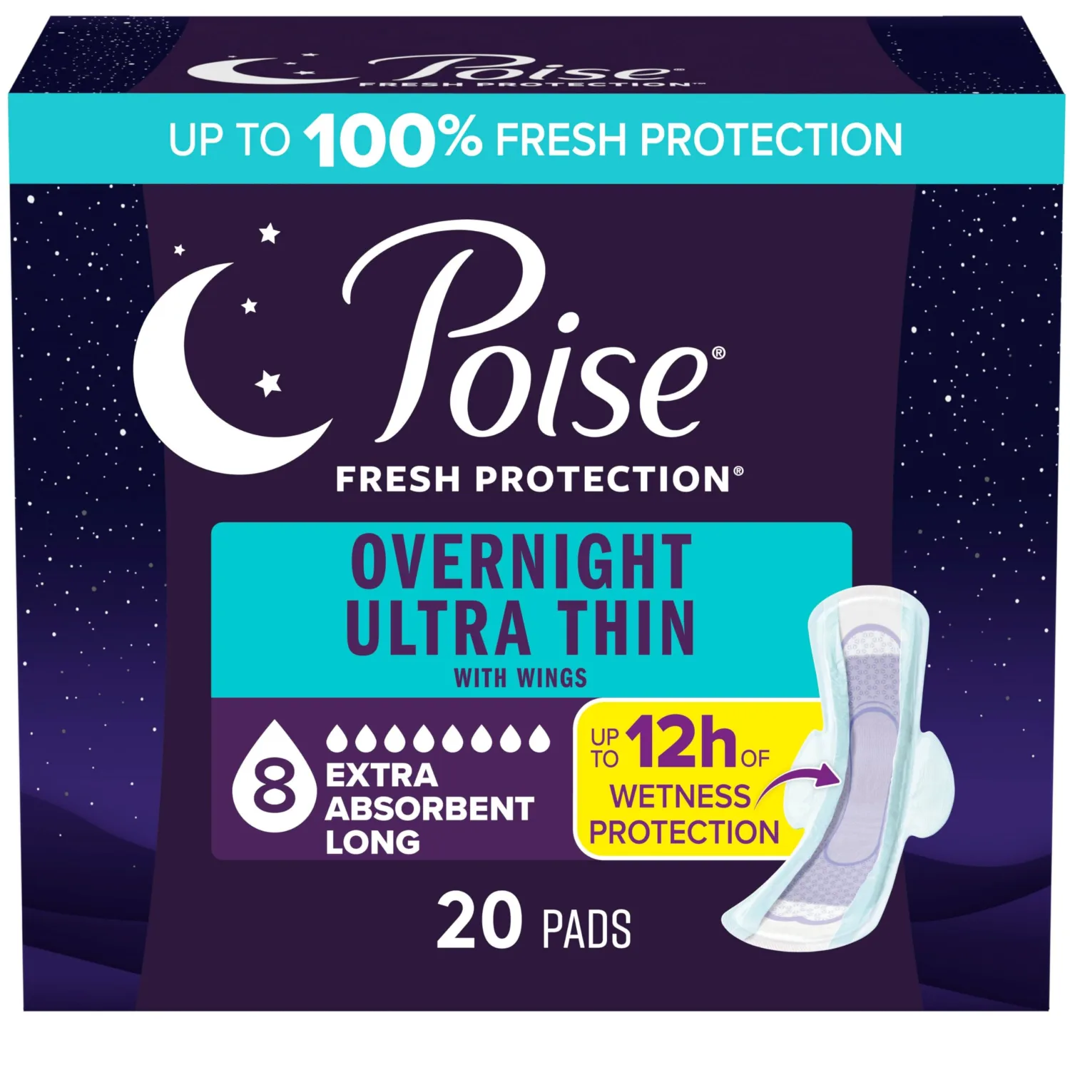 Poise Overnight Ultra Thin Incontinence & Postpartum Pads with Wings for Bladder Leaks, 8 Drop Extra Absorbent, Long Length, 20 Count