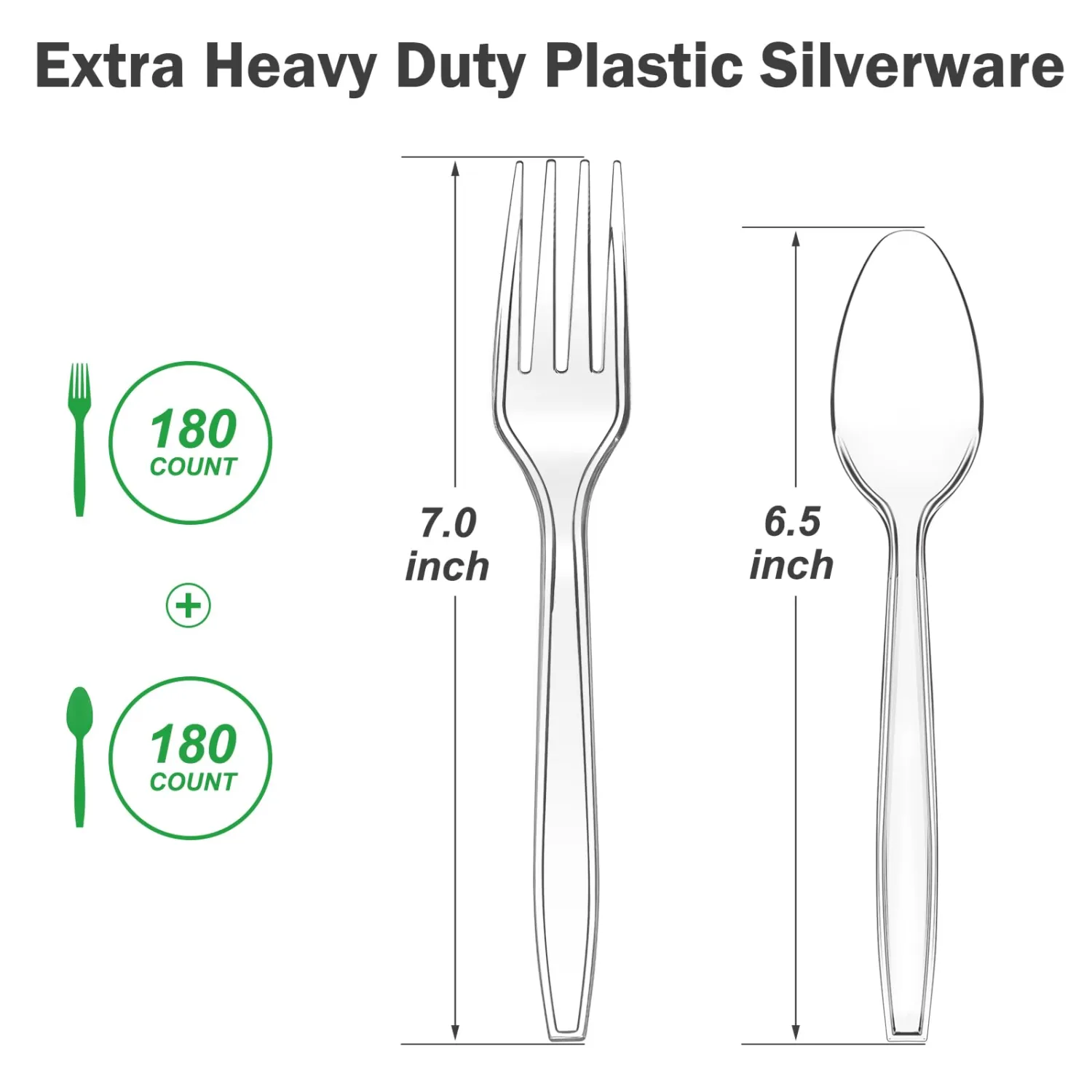360 Count Extra Heavy Duty Clear Plastic Forks and Spoons, 180 Forks & 180 Spoons, Heat Resistant, Disposable Plastic Silverware Set