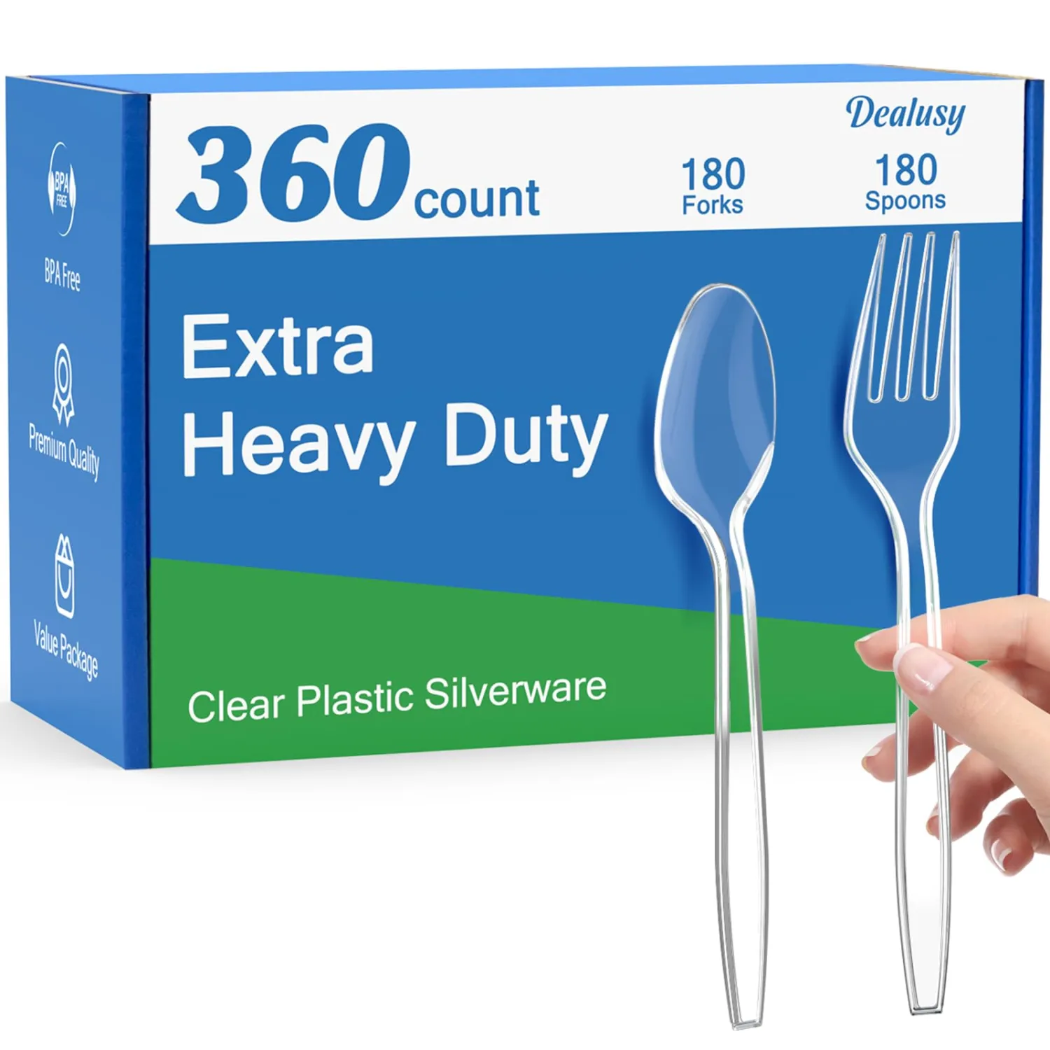 360 Count Extra Heavy Duty Clear Plastic Forks and Spoons, 180 Forks & 180 Spoons, Heat Resistant, Disposable Plastic Silverware Set