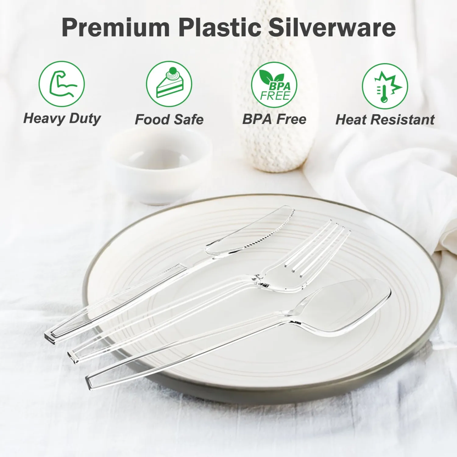 360 Count Extra Heavy Duty Clear Plastic Forks and Spoons, 180 Forks & 180 Spoons, Heat Resistant, Disposable Plastic Silverware Set