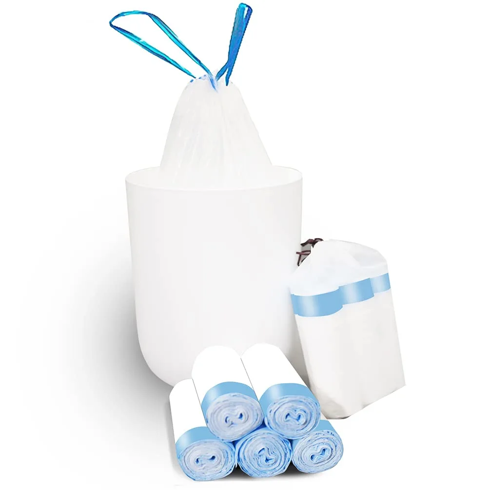 1.5 Gallon Trash Bags With Drawstring, 100 Pcs Trash Can Liners, Blue Strap Bathroom Garbage Bags Tighten Quickly Pack Garbage, Quick Cinch of the Drawstring