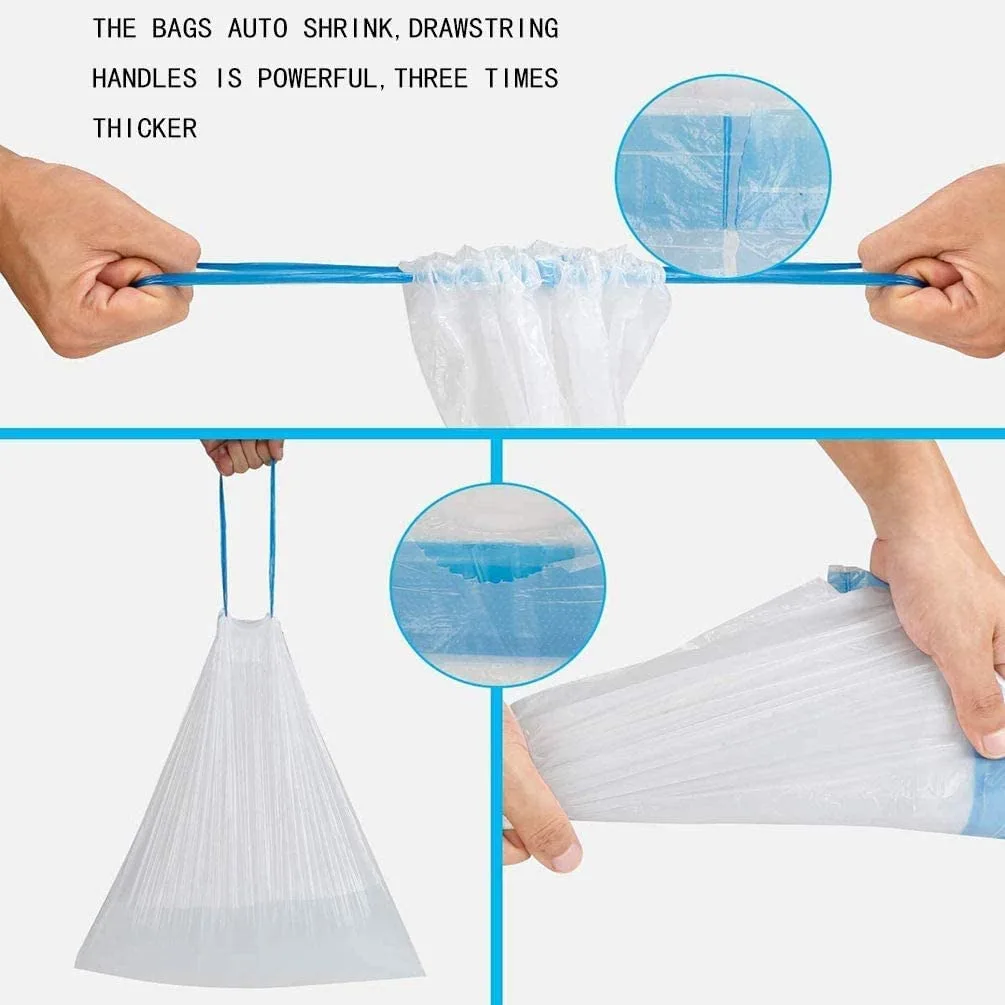 1.5 Gallon Trash Bags With Drawstring, 100 Pcs Trash Can Liners, Blue Strap Bathroom Garbage Bags Tighten Quickly Pack Garbage, Quick Cinch of the Drawstring