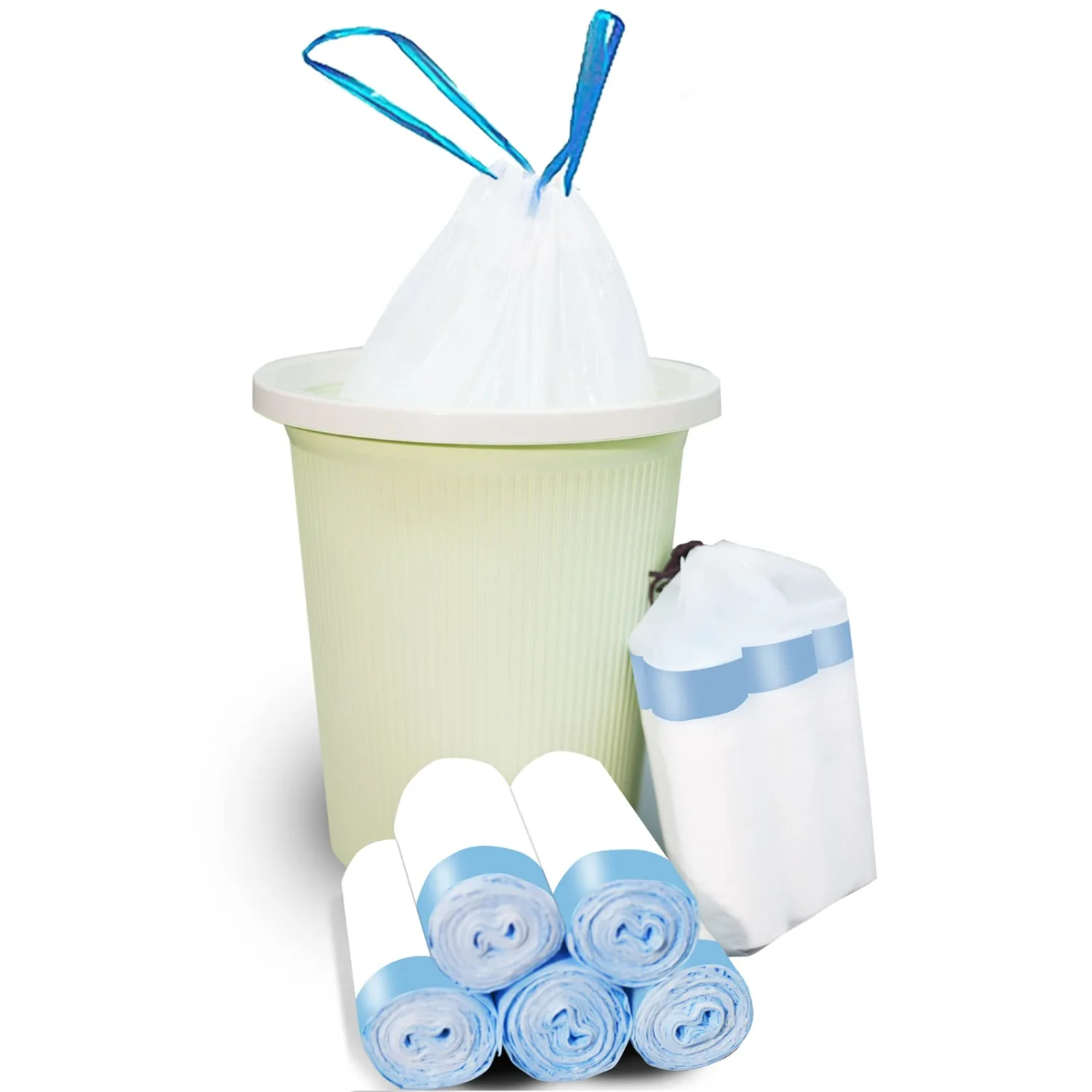 2.5 Gallon Trash Bag 100 Count - Blue Drawstring 2.5 Gallon Trash Bag with Pull Strings, Small Garbage Bags, Leakproof Trash Can Liners for Bathroom, Office, Bedroom, Car