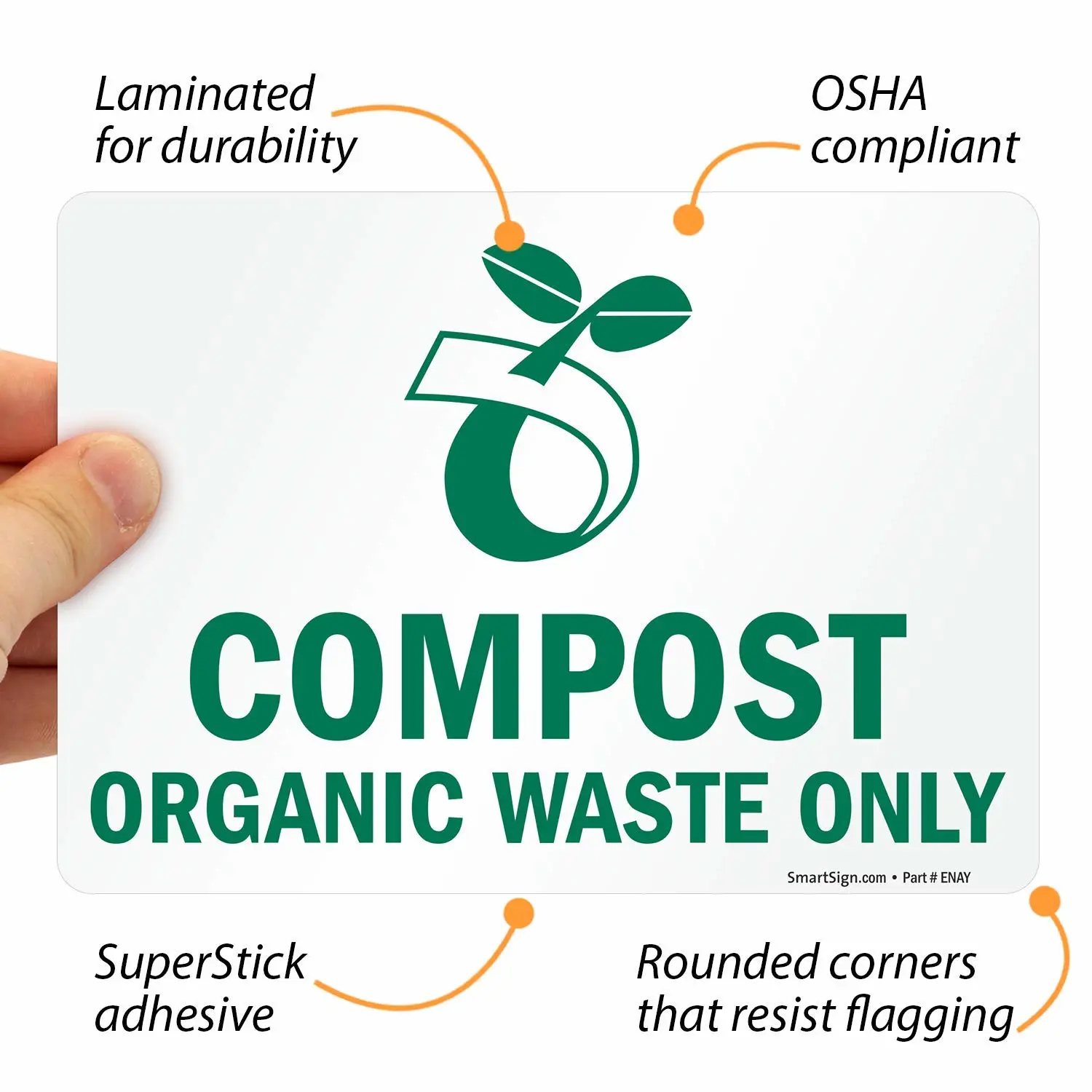 SmartSign (Pack of 4) 5 x7 inch “Compost Organic Waste Only Recycling Sticker Labels with Symbol, 5 mil Laminated Polyester with SuperStick Adhesive, Green and White, Made in USA