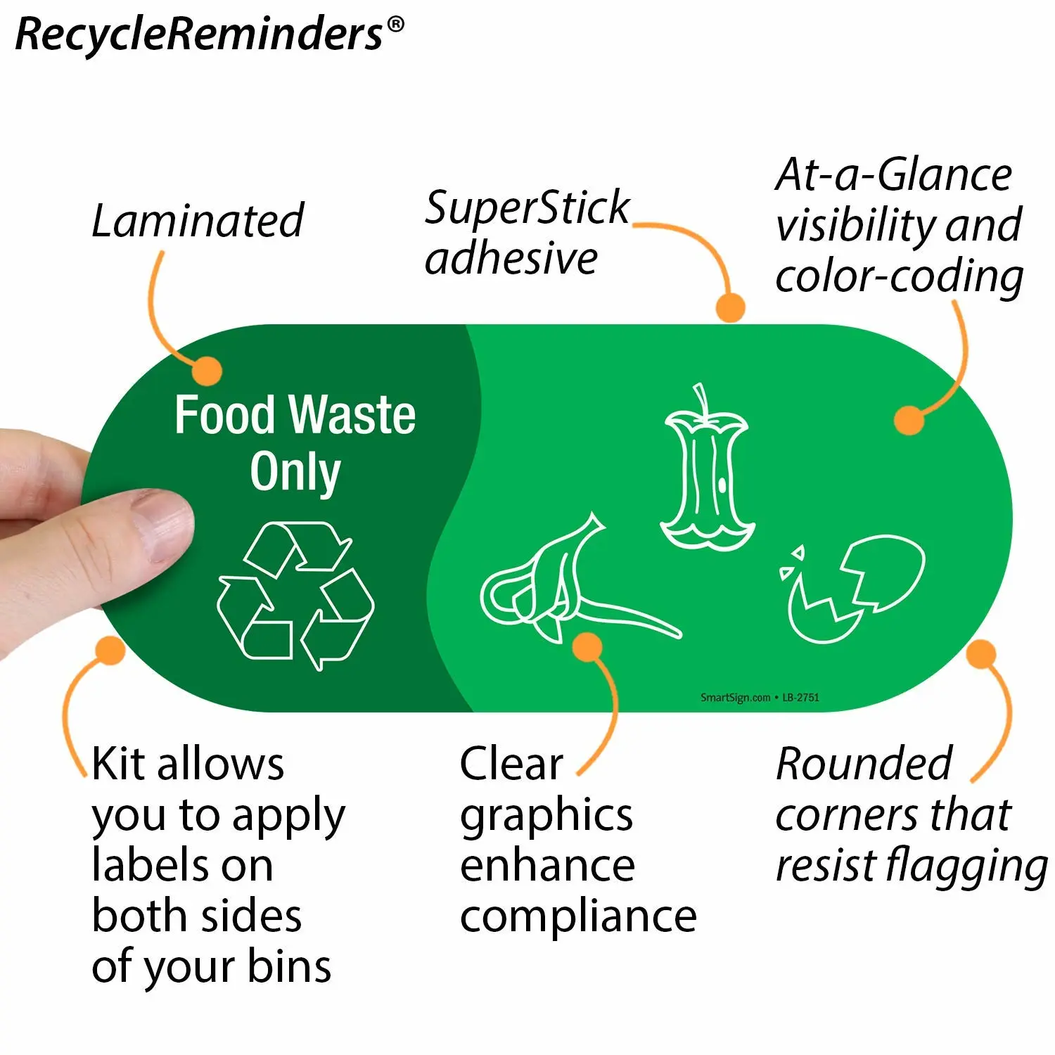 SmartSign (Pack of 4) 3.75 x 9 inch “Food Waste Only” Recycling Sticker Labels with Symbols, 5 mil Laminated Polyester with SuperStick Adhesive, Green and White, Made in USA