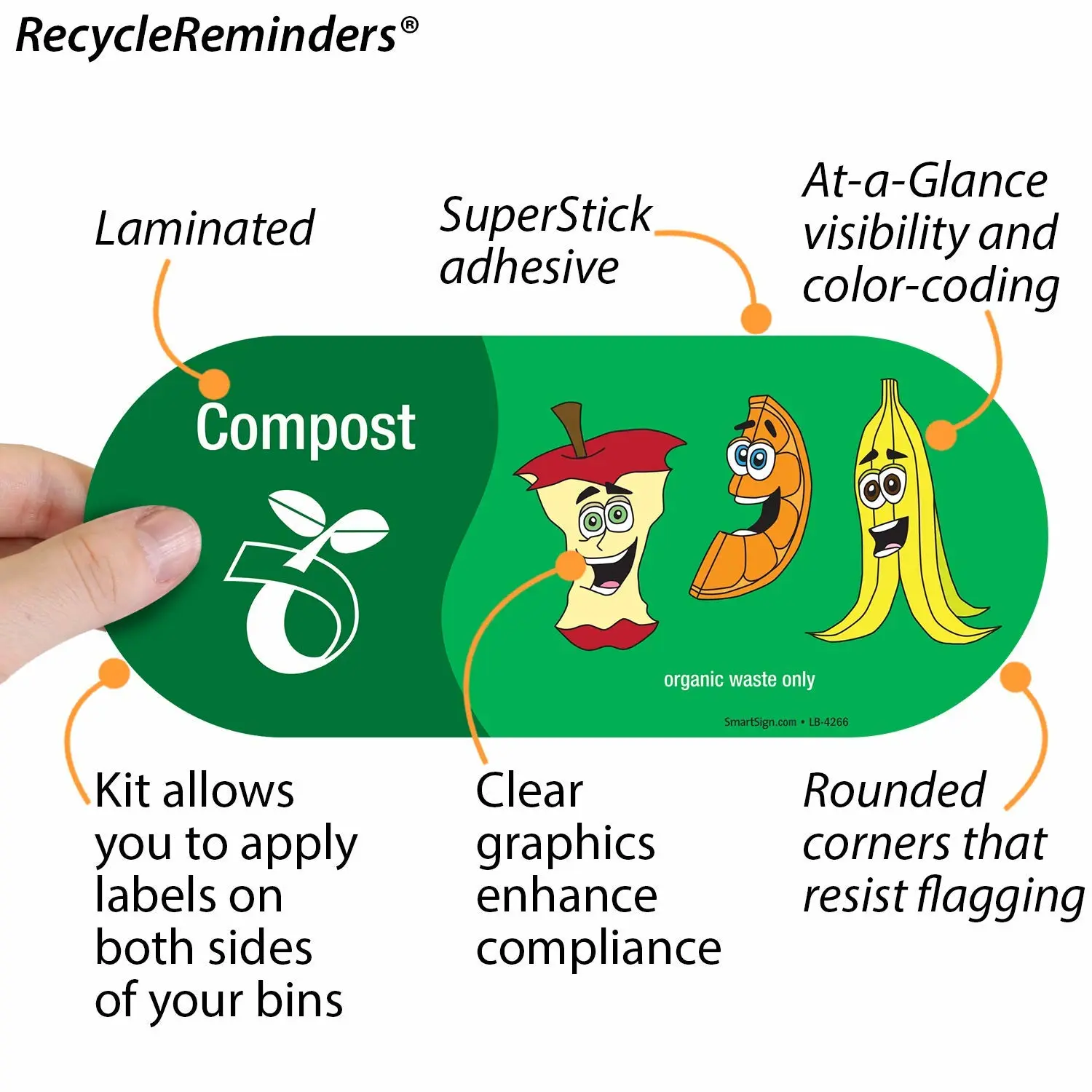 SmartSign (Pack of 4) 3.75 x 9 inch “Compost - Organic Waste Only” Recycling Sticker Labels with Symbol, 5 mil Laminated Polyester with SuperStick Adhesive, Multicolor, Made in USA