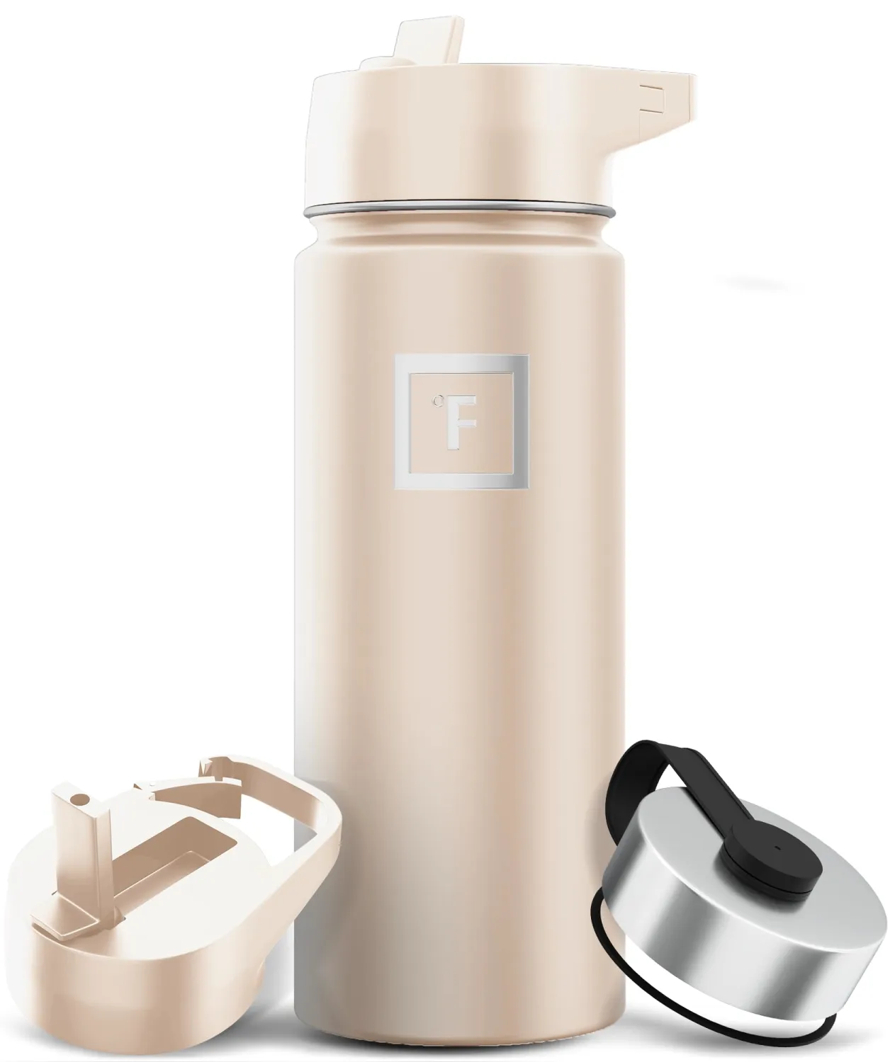 IRON °FLASK Camping & Hiking Hydration Flask with 3 Lids - Stainless Steel, Double Walled & Vacuum Insulated Water Bottle - Leak Proof & BPA Free (Sand, Straw - 18 oz)