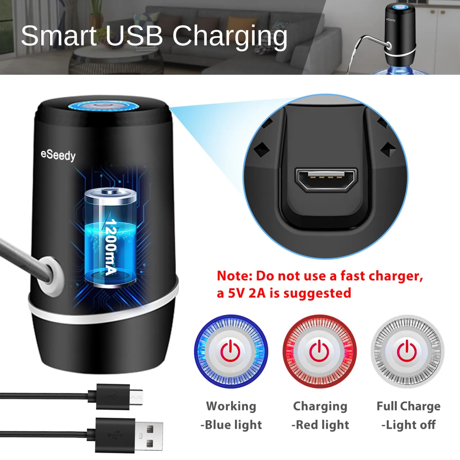Water Pump for 5 Gallon Bottle, USB Charging Automatic Water Dispenser with Rechargeable Battery, Portable Electric Drinking Water Jug Pump for Home, Kitchen, Living Room, Office, Camping - Black