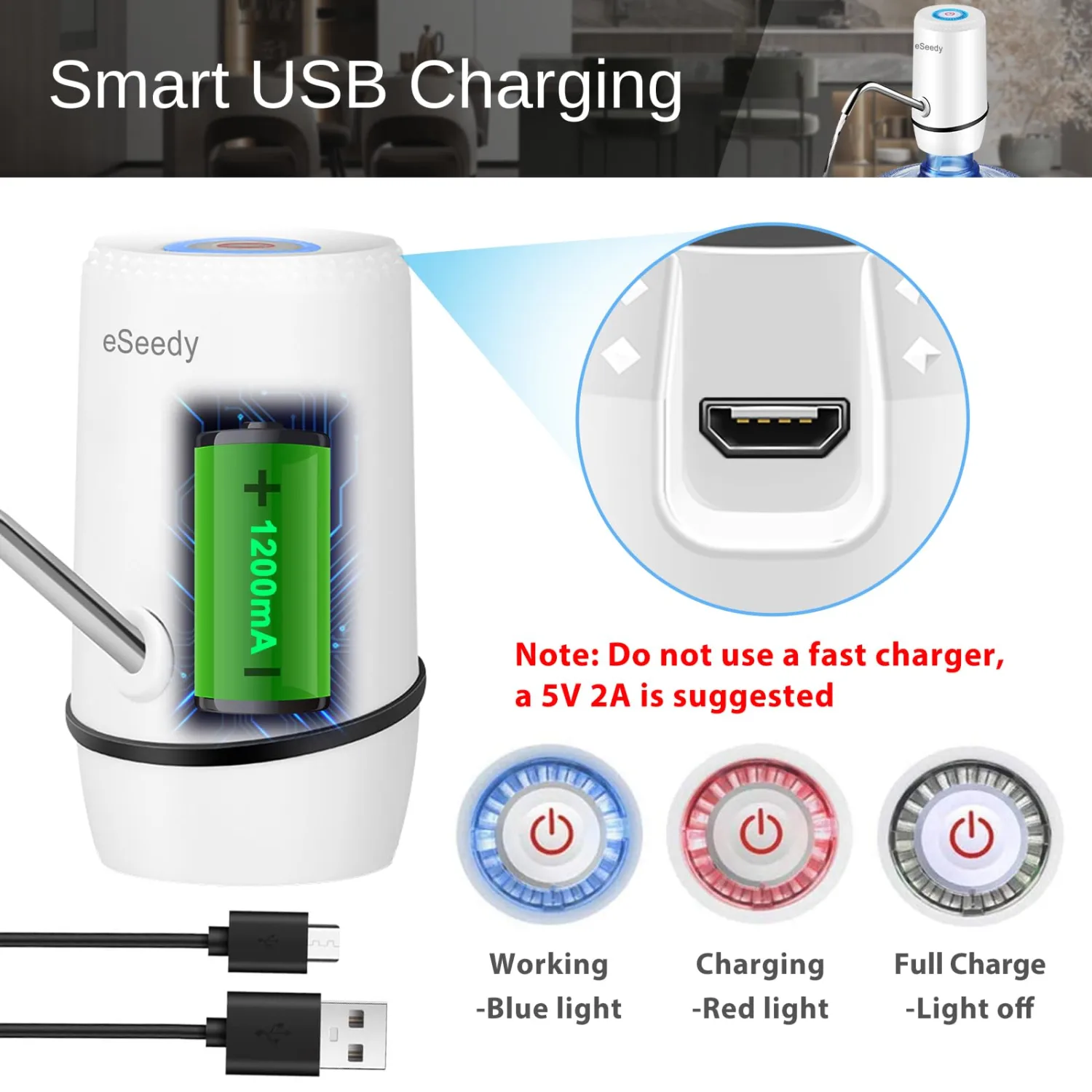 Water Pump for 5 Gallon Bottle, USB Charging Automatic Water Dispenser with Rechargeable Battery, Portable Electric Drinking Water Jug Pump for Home, Kitchen, Living Room, Office, Camping - White