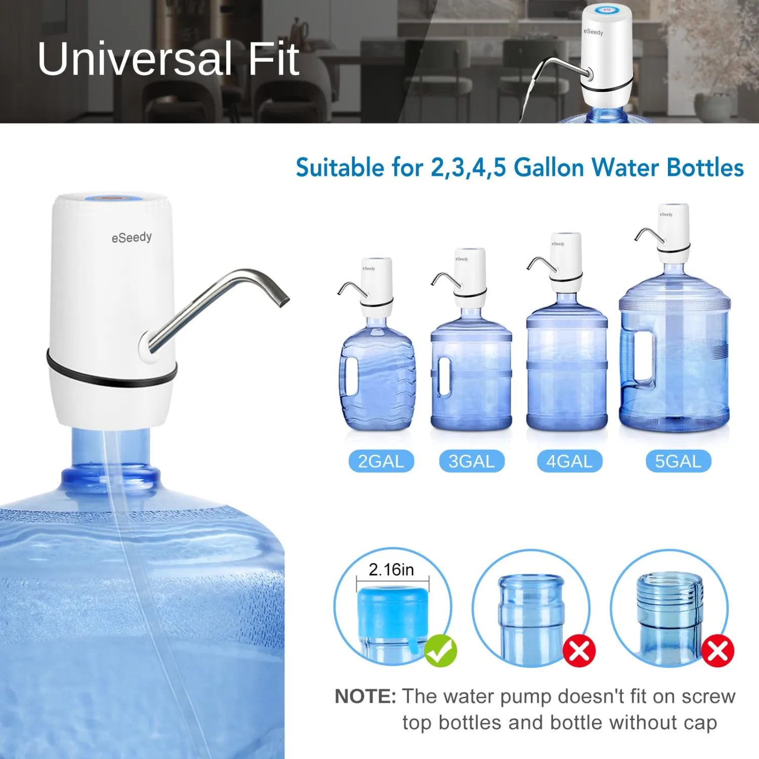Water Pump for 5 Gallon Bottle, USB Charging Automatic Water Dispenser with Rechargeable Battery, Portable Electric Drinking Water Jug Pump for Home, Kitchen, Living Room, Office, Camping - White