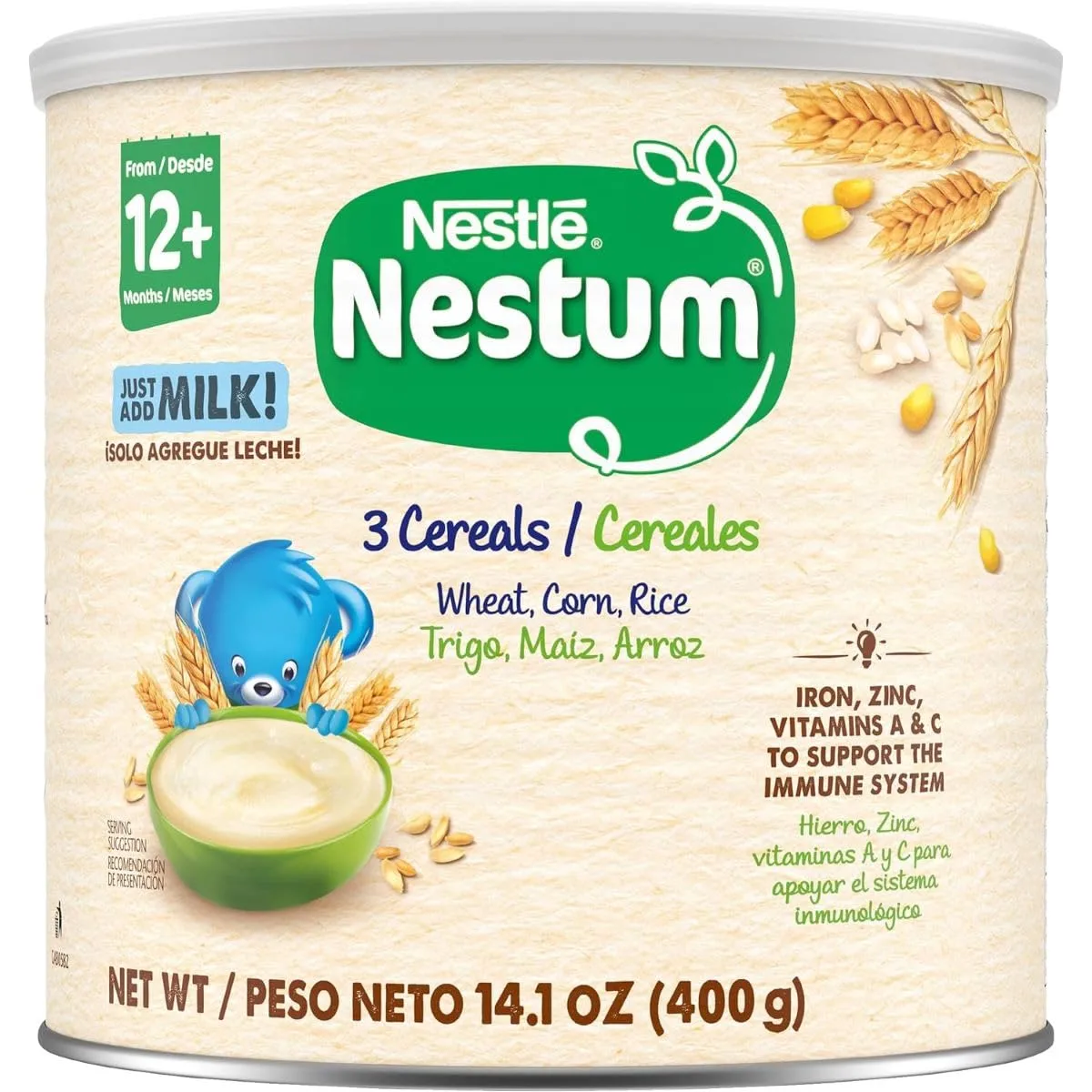 Nestle Nestum Junior Cereal, 3 Cereals - Wheat, Corn & Rice, Made for Toddlers 12 Months, 14.1 OZ Canister (Pack of 6)