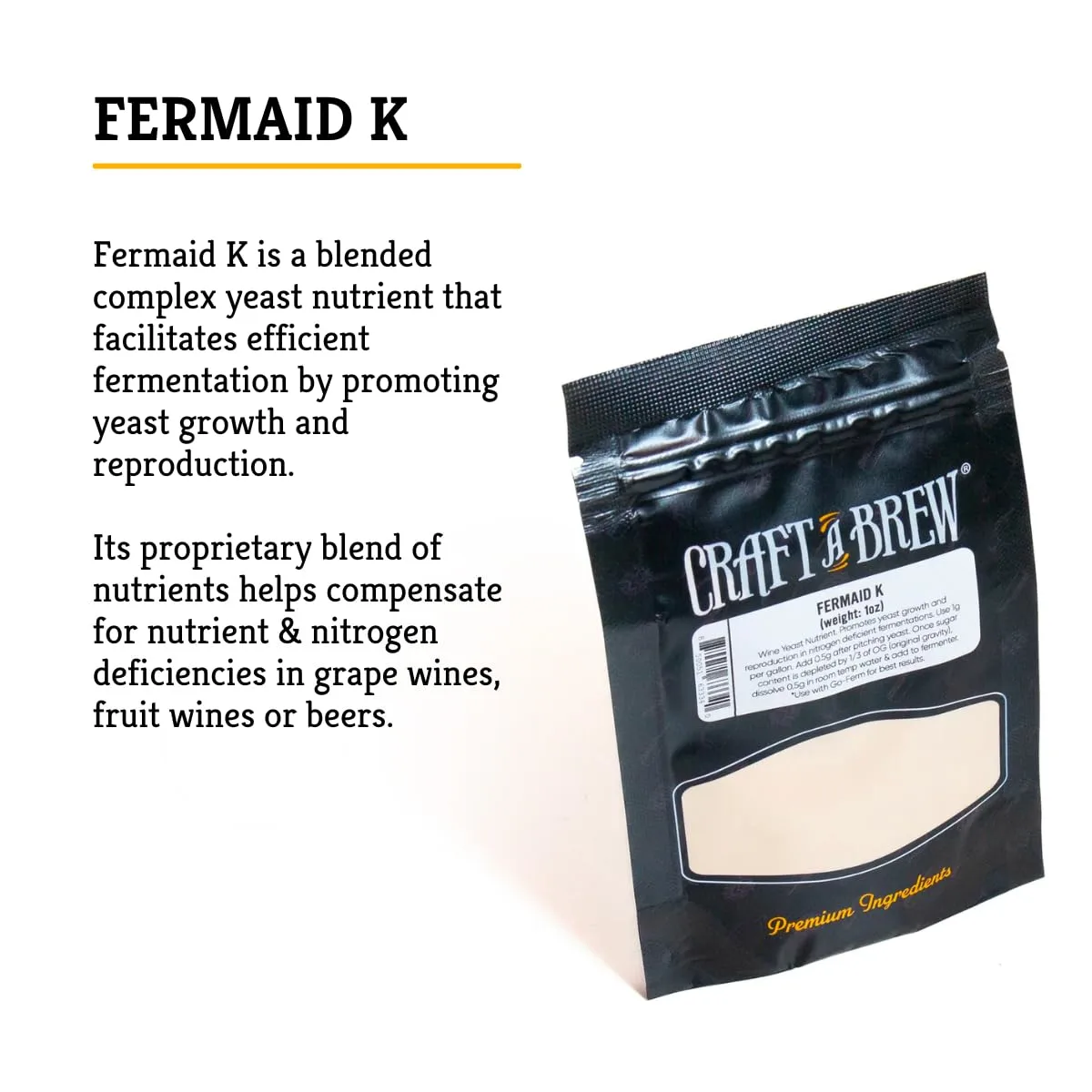 Craft A Brew - Fermaid K - For Wine & Beer Brewing - Blended Complex Yeast Nutrient - Promotes Yeast Growth & Reproduction - For Efficient Fermentation - 1 oz Package