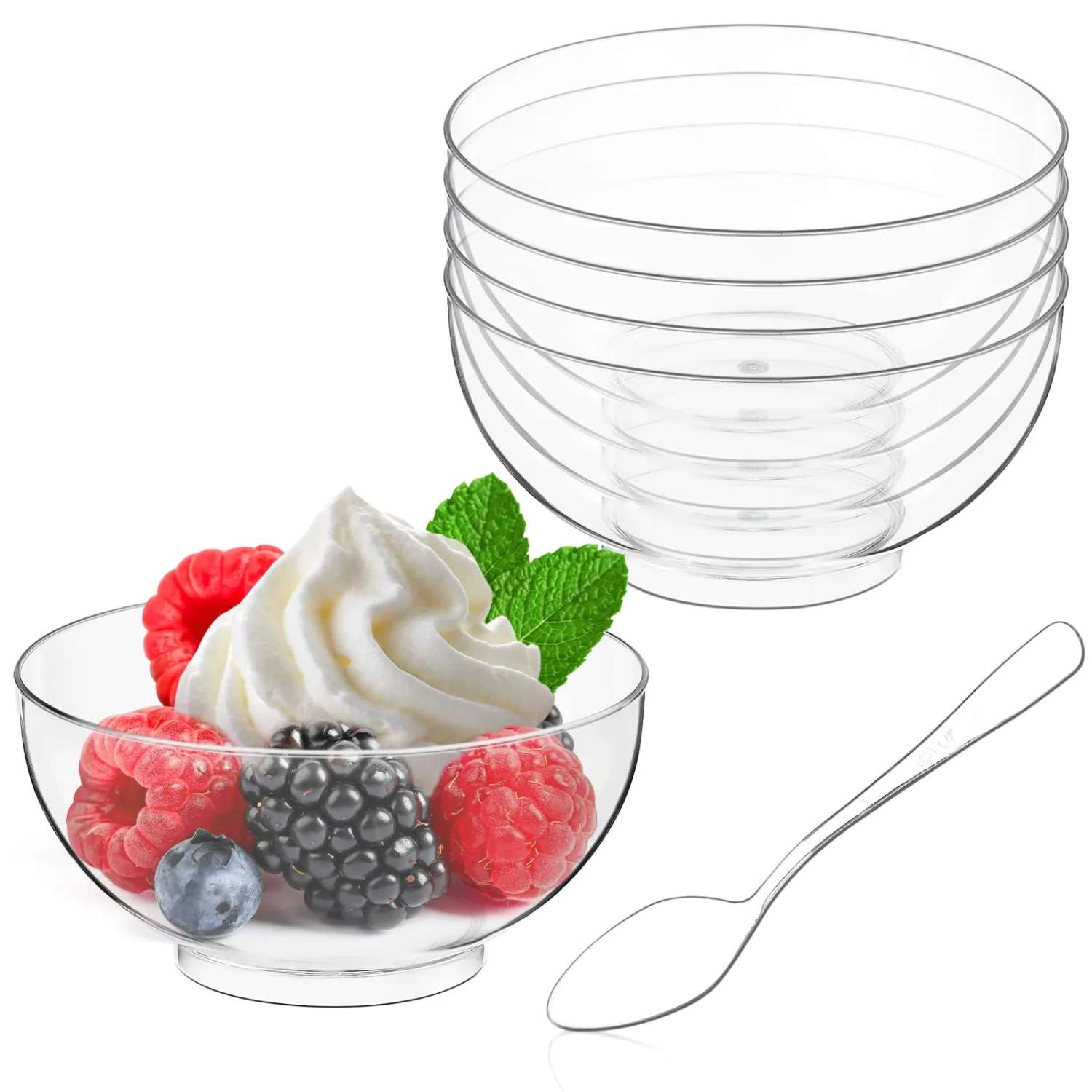 Qeirudu 50 Pack 3 oz Mini Dessert Cups with Spoons, Clear Small Appetizer Cups Round Party Serving Bowls for Yogurt Parfait Fruit Mousses Ice Creams