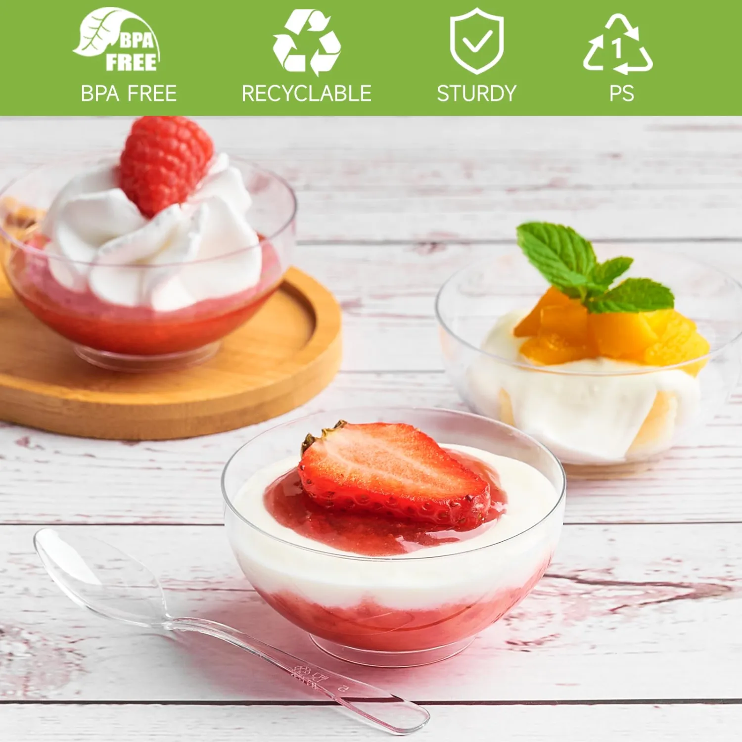 Qeirudu 50 Pack 3 oz Mini Dessert Cups with Spoons, Clear Small Appetizer Cups Round Party Serving Bowls for Yogurt Parfait Fruit Mousses Ice Creams