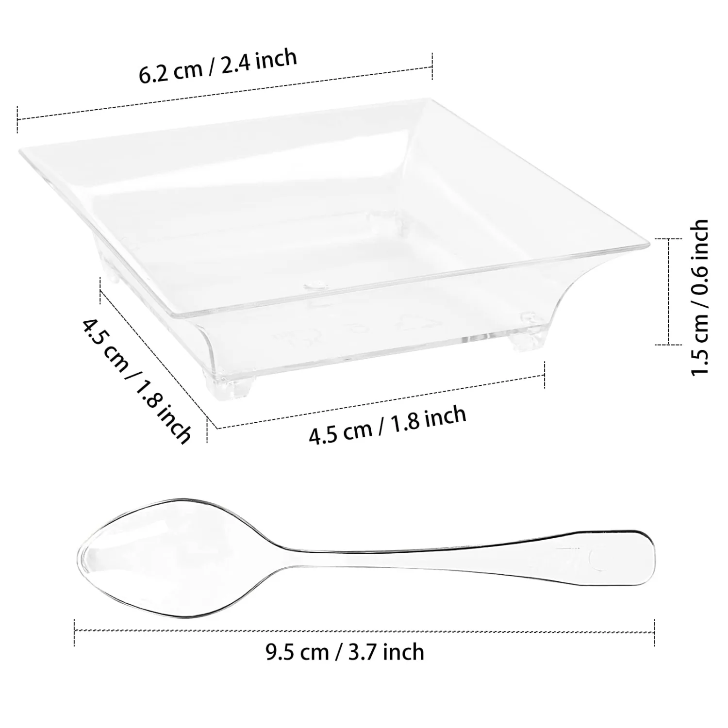 Qeirudu 100 Pack 1 oz Small Dessert Plates for Appetizers - Mini Plastic Plates with Spoons Reusable Square Appetizer Bowls Tiny Individual Serving Trays