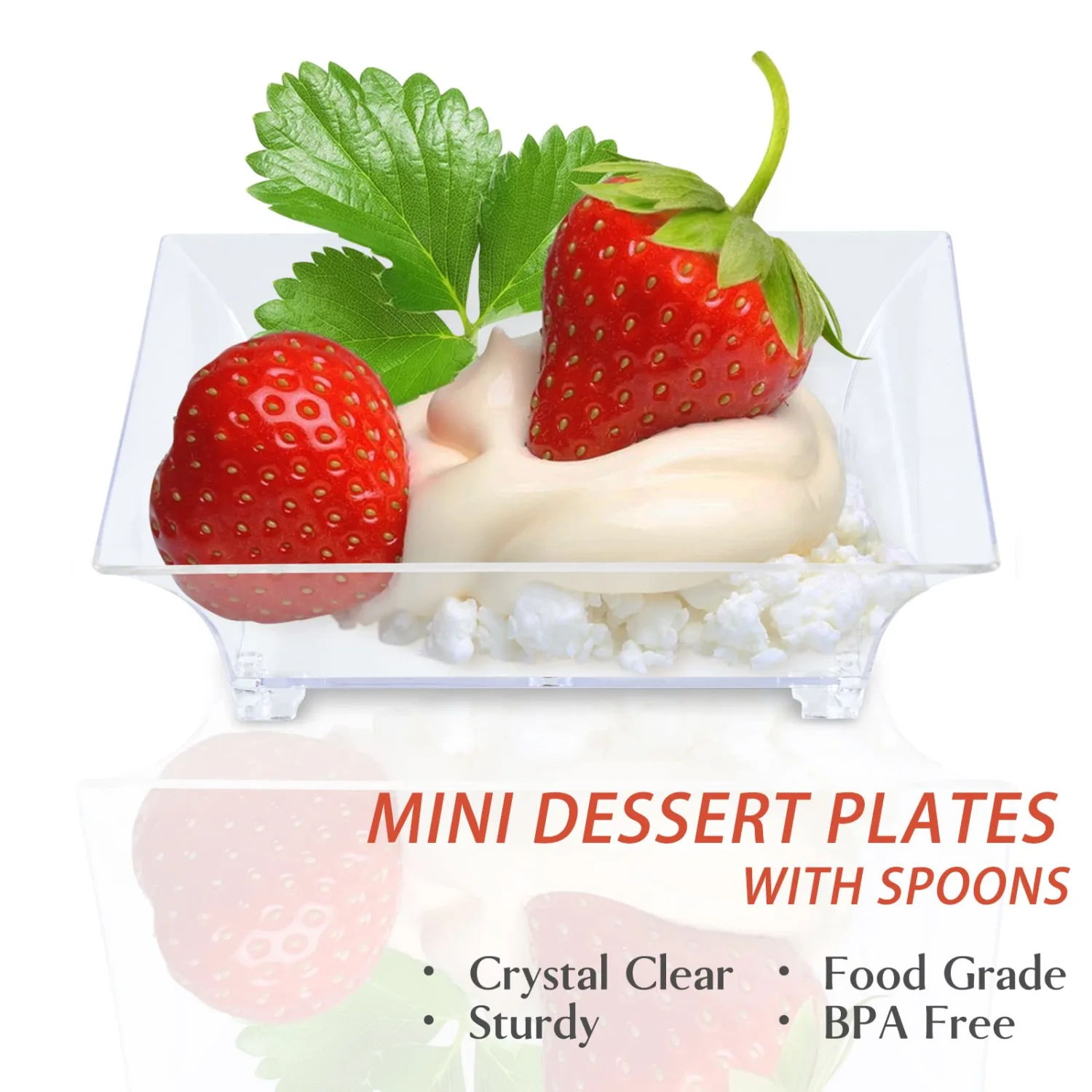 Qeirudu 100 Pack 1 oz Small Dessert Plates for Appetizers - Mini Plastic Plates with Spoons Reusable Square Appetizer Bowls Tiny Individual Serving Trays