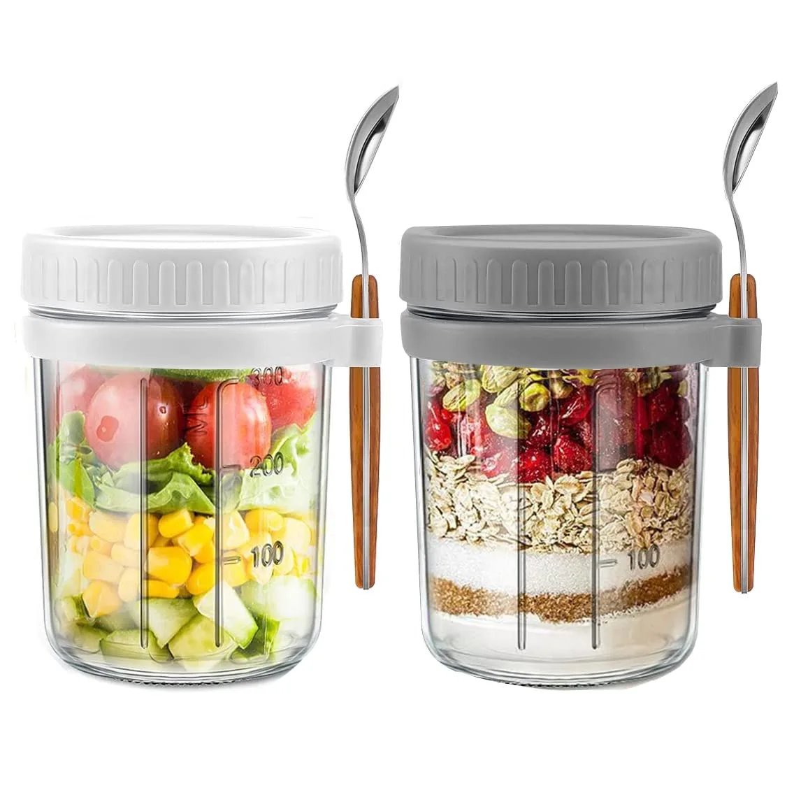 Overnight Oats Container - Yogurt Oatmeal Glass Canning with Lids and Spoon, 10 oz Cereals, Milk, Fruit Salad, with Measurement Marks (White+grey)