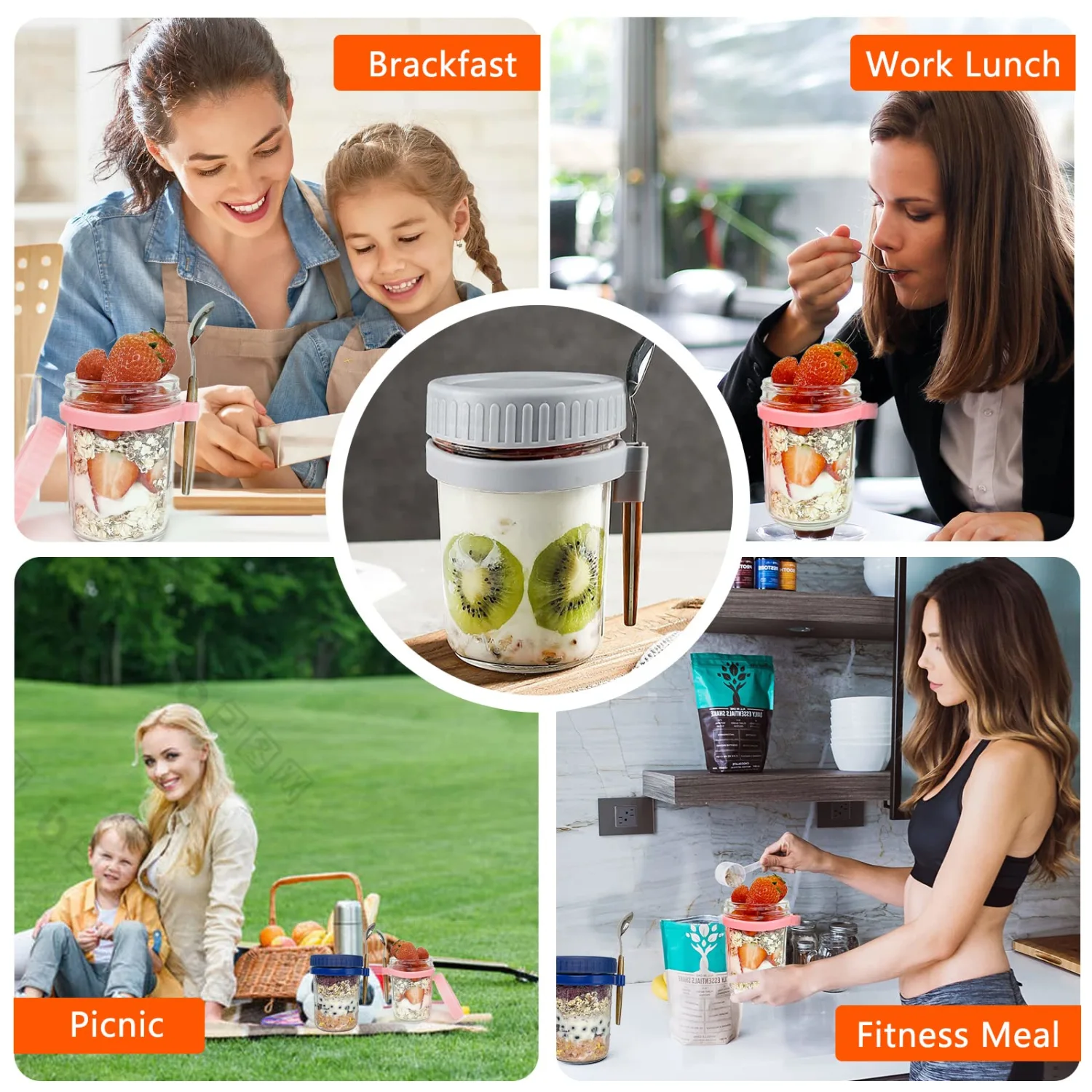 Overnight Oats Container - Yogurt Oatmeal Glass Canning with Lids and Spoon, 10 oz Cereals, Milk, Fruit Salad, with Measurement Marks (White+grey)