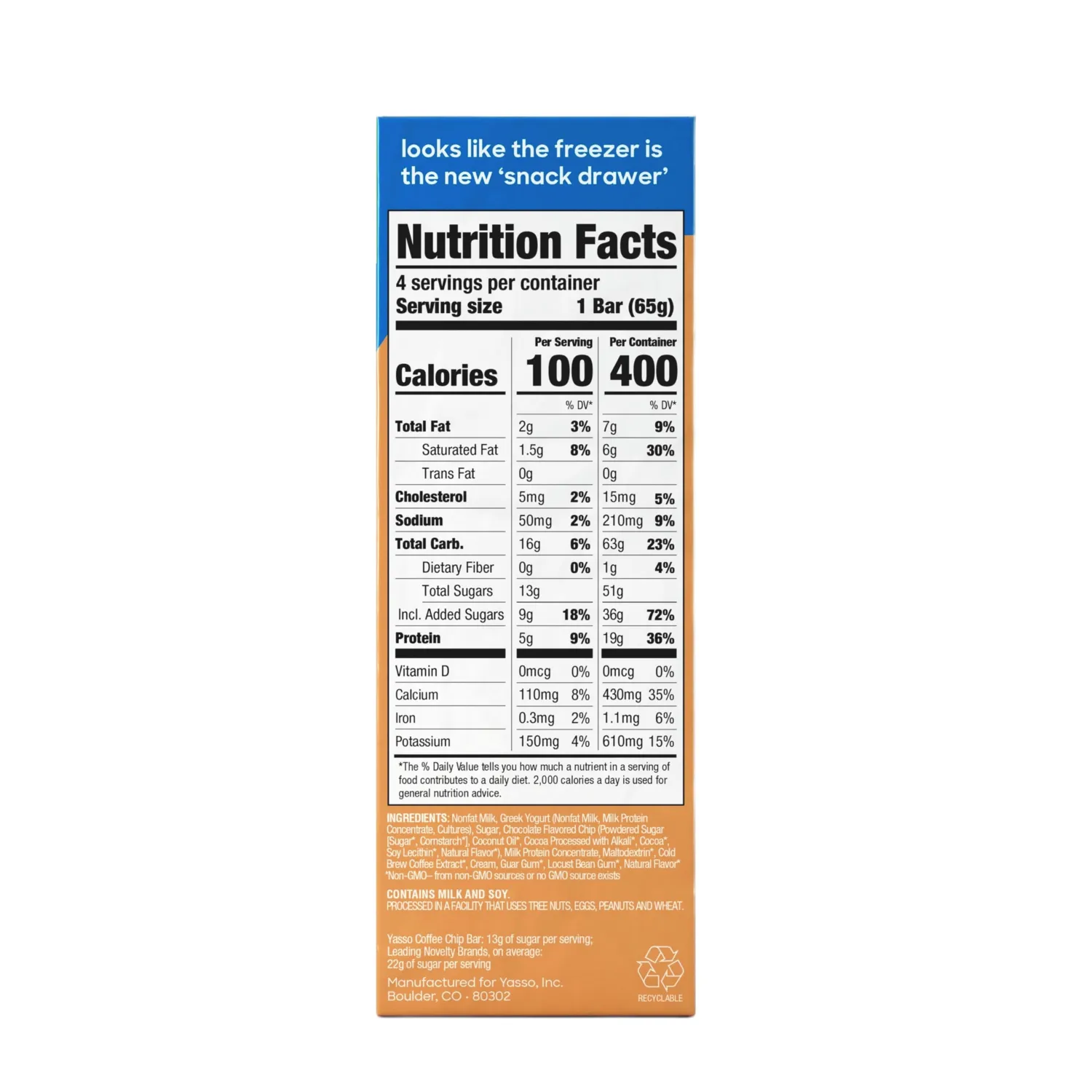 Yasso Frozen Greek Yogurt Bars Coffee Chocolate Chip Bars 4 Count for a ridiculously creamy frozen snack made with the goodness of greek yogurt 3.5fl oz