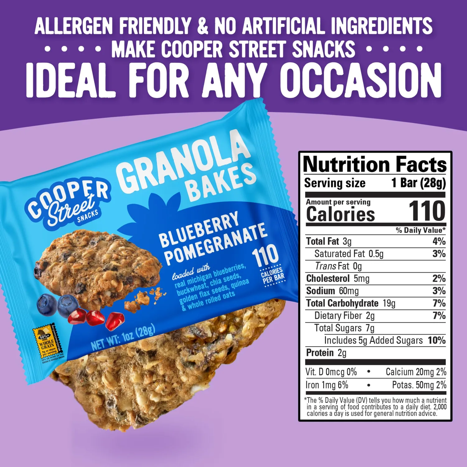 Cooper Street Blueberry Pomegranate Granola Bakes (12 bars) - Individually Wrapped Soft and Chewy Breakfast Granola Bars - Nut, Dairy & Soy Free - Great As Kids Snacks For School, Hiking Or Lunchbreak