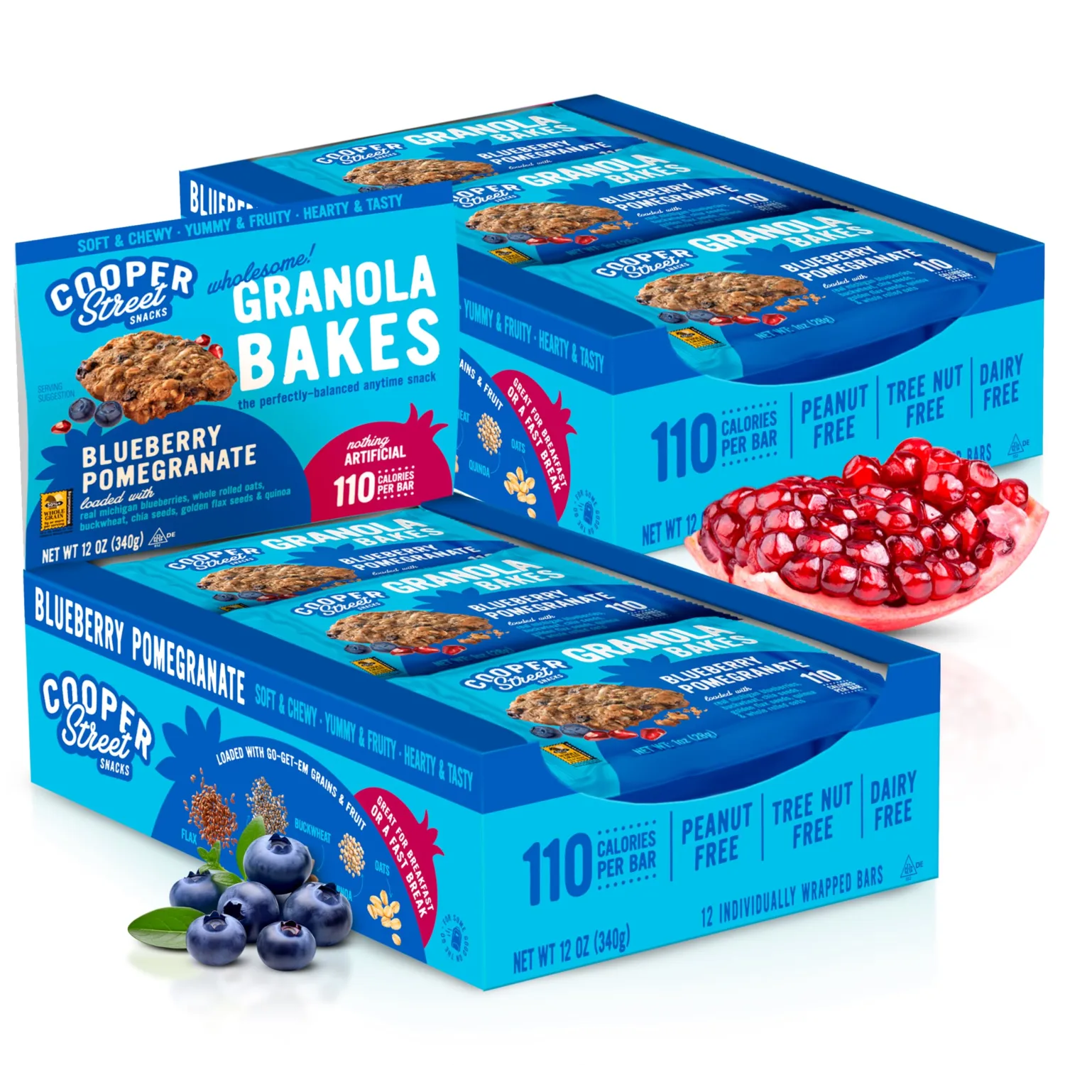 Cooper Street Blueberry Pomegranate Granola Bakes (12 bars) - Individually Wrapped Soft and Chewy Breakfast Granola Bars - Nut, Dairy & Soy Free - Great As Kids Snacks For School, Hiking Or Lunchbreak