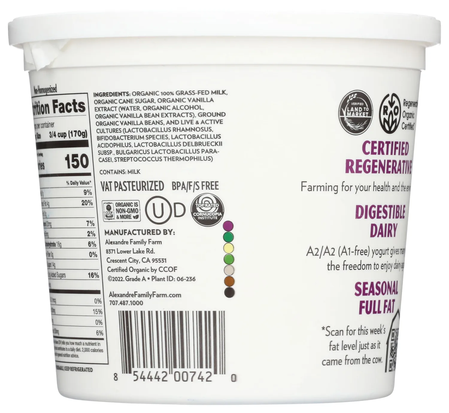 ALEXANDRE FAMILY FARMS Organic Vanilla A2 Whole Milk Yogurt, 24 OZ
