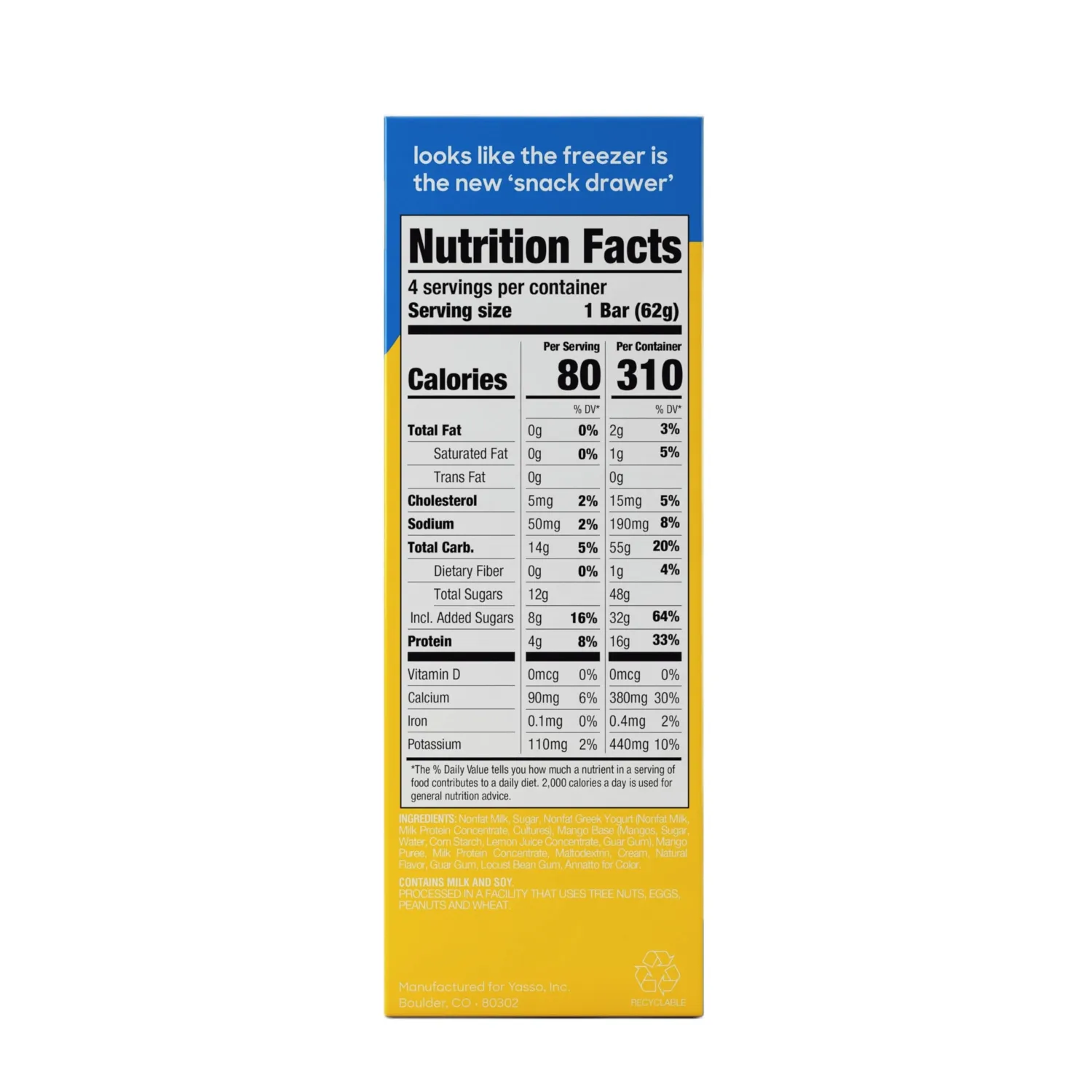 Yasso Frozen Greek Yogurt Bars Creamy Mango Bars 4 Count for a ridiculously creamy frozen snack made with the goodness of greek yogurt 3.5fl oz