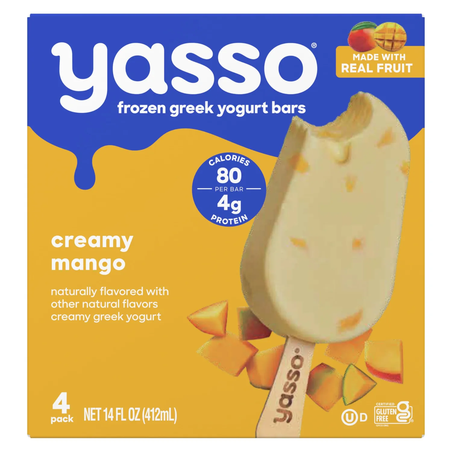 Yasso Frozen Greek Yogurt Bars Creamy Mango Bars 4 Count for a ridiculously creamy frozen snack made with the goodness of greek yogurt 3.5fl oz