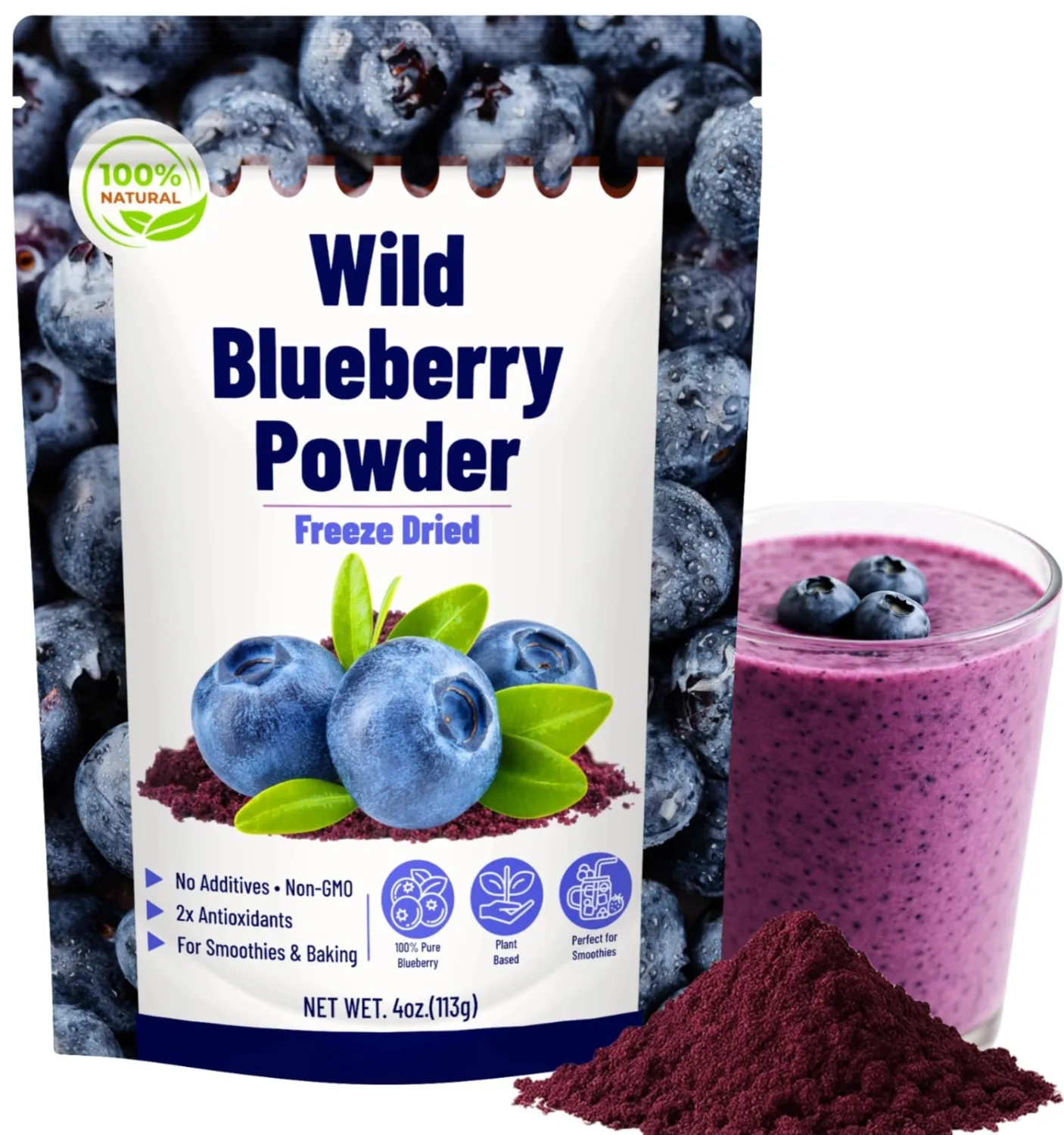 Wild Blueberry Powder Freeze Dried – 4 oz 100% Pure No Additives Blueberry Extract Supplement, No Sugar Added 10:1 Fruit Powder, Resealable Pouch for Smoothies, Baking, Yogurt, Energy Balls
