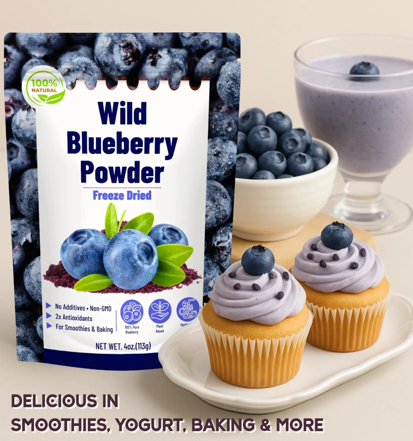 Wild Blueberry Powder Freeze Dried – 4 oz 100% Pure No Additives Blueberry Extract Supplement, No Sugar Added 10:1 Fruit Powder, Resealable Pouch for Smoothies, Baking, Yogurt, Energy Balls