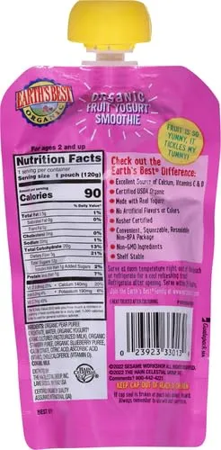 Earth's Best Organic Yogurt Smoothie Pouches, 24+ Months, Fruit Yogurt Smoothie for Toddlers 24 Months and Up, Mixed Berry, 4.2 Ounce Resealable Pouch