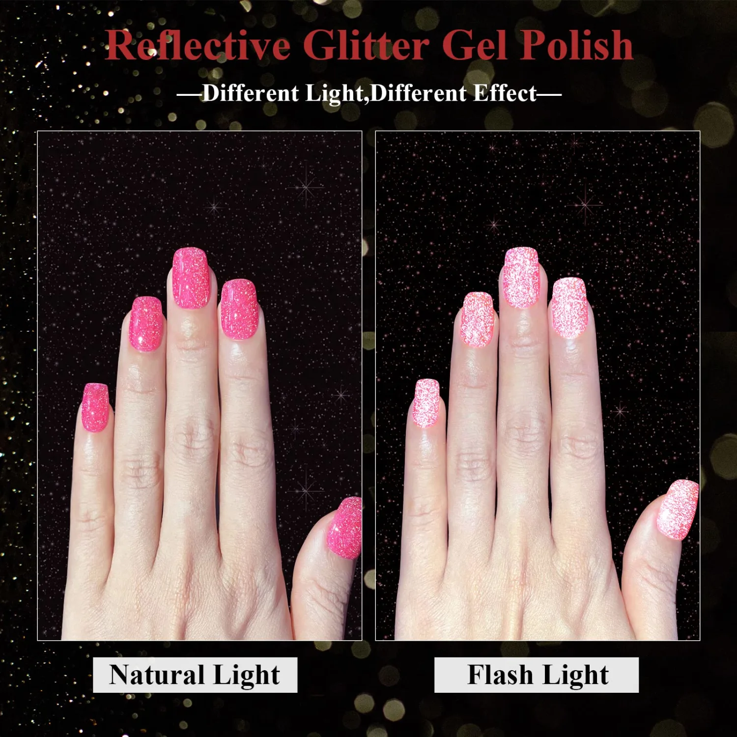 Reflective Glitter Gel Polish,0.5 FL OZ Glitter Neon Pink Gel Nail Polish Spring Summer Sparkle Gel Nail Polish Diamond Shimmer Glitter Gel Polish Soak off UV LED Light for Nail Art DIY Manicure
