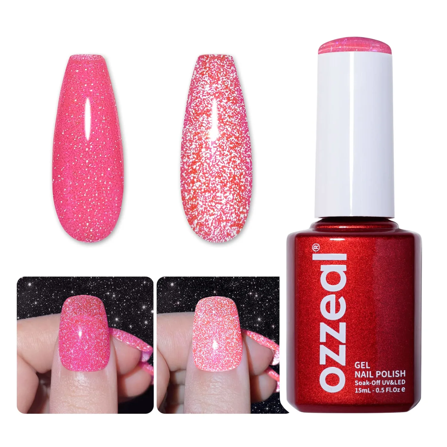 Reflective Glitter Gel Polish,0.5 FL OZ Glitter Neon Pink Gel Nail Polish Spring Summer Sparkle Gel Nail Polish Diamond Shimmer Glitter Gel Polish Soak off UV LED Light for Nail Art DIY Manicure
