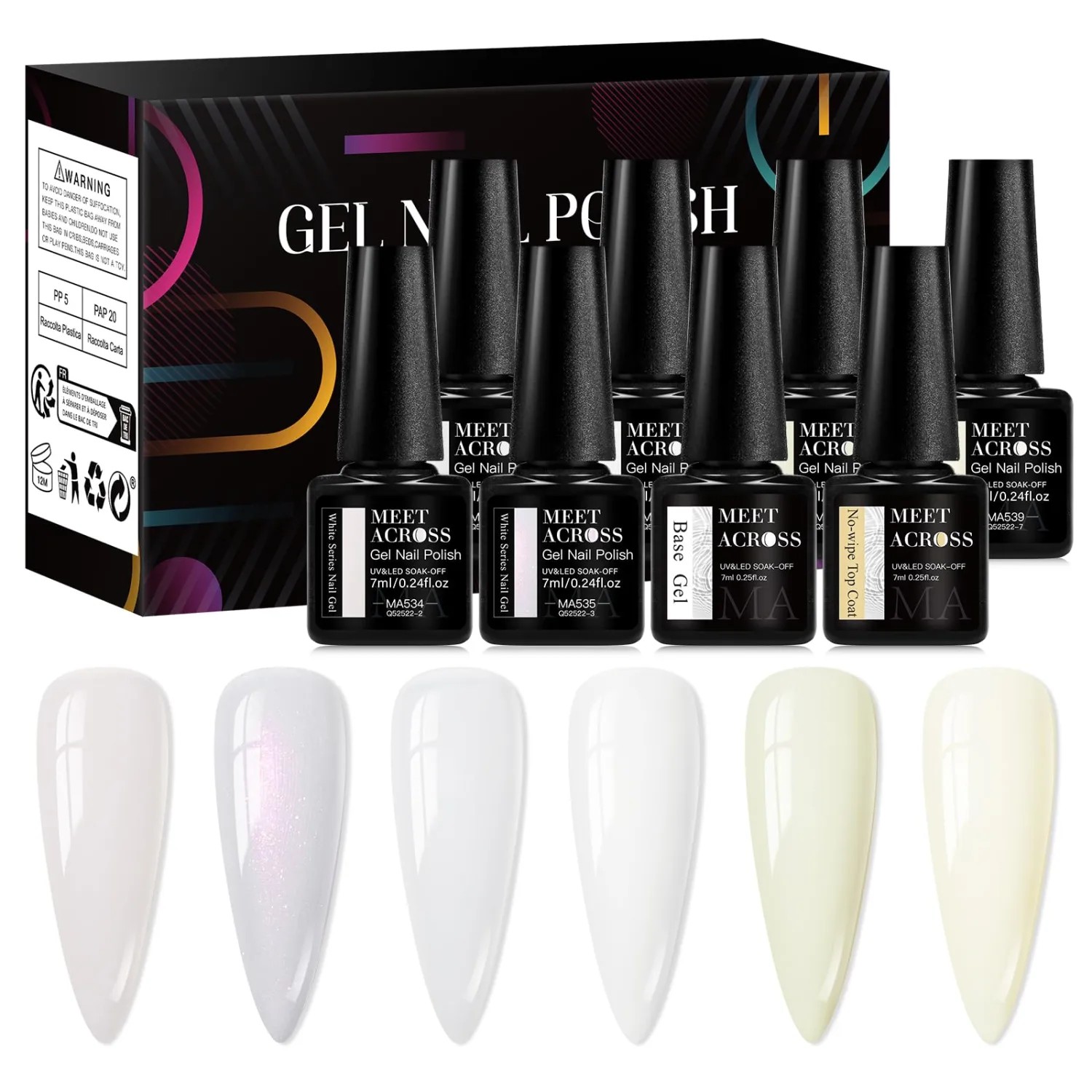 MEET ACROSS 8Pcs Gel Nail Polish Set 6 Colors Milky White Gel Polish with Base and Top-Coat Soak Off White Nail Polish Gel Manicure Kit Salon Diy for Women Girl