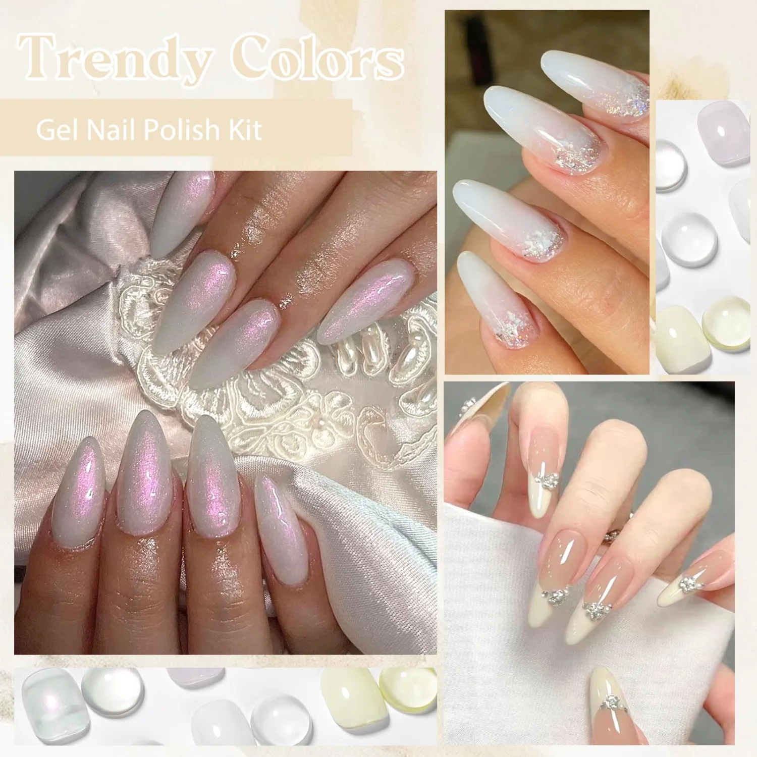 MEET ACROSS 8Pcs Gel Nail Polish Set 6 Colors Milky White Gel Polish with Base and Top-Coat Soak Off White Nail Polish Gel Manicure Kit Salon Diy for Women Girl