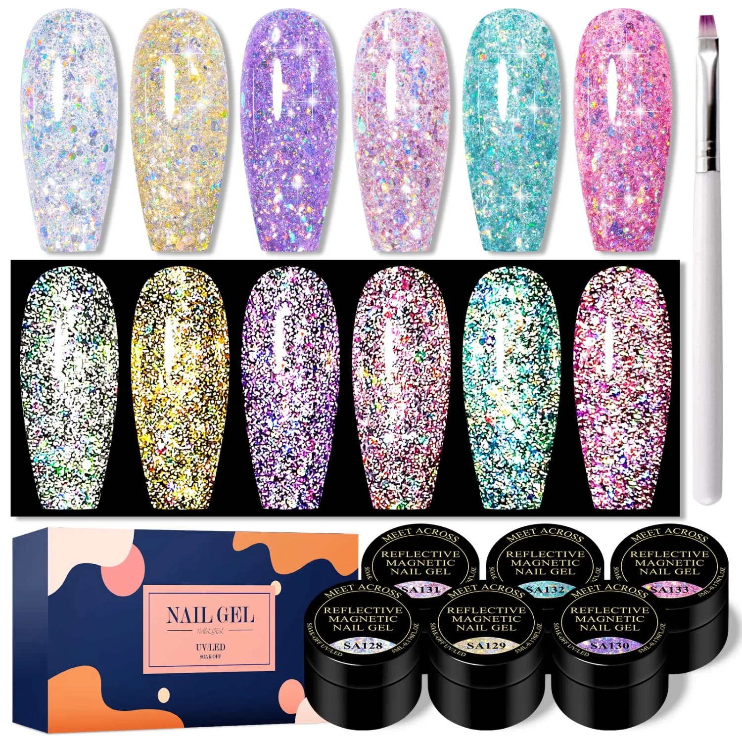 MEET ACROSS Neon Gel Nail Polish Glitter Gel Polish Set Reflective Nail Polish Gel Kit With 1 Nail Brush Soak Off Uv/Led Nail Art Design Salon Home Gifts For Women